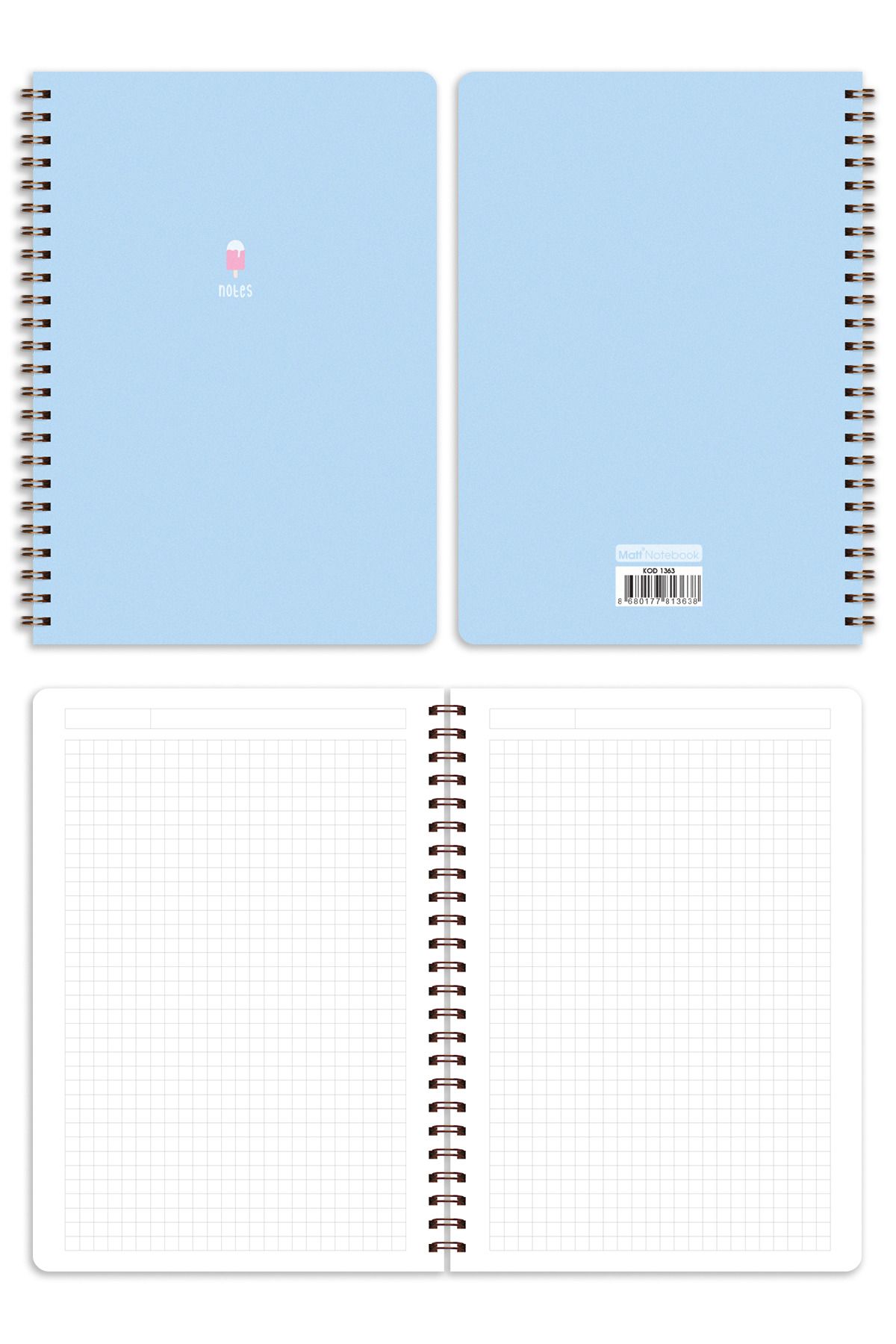 Matt Notebook-دفتر مدرسي حلزوني مقاس A5 80 ورقة، مجموعة من 4 - مربعات 7