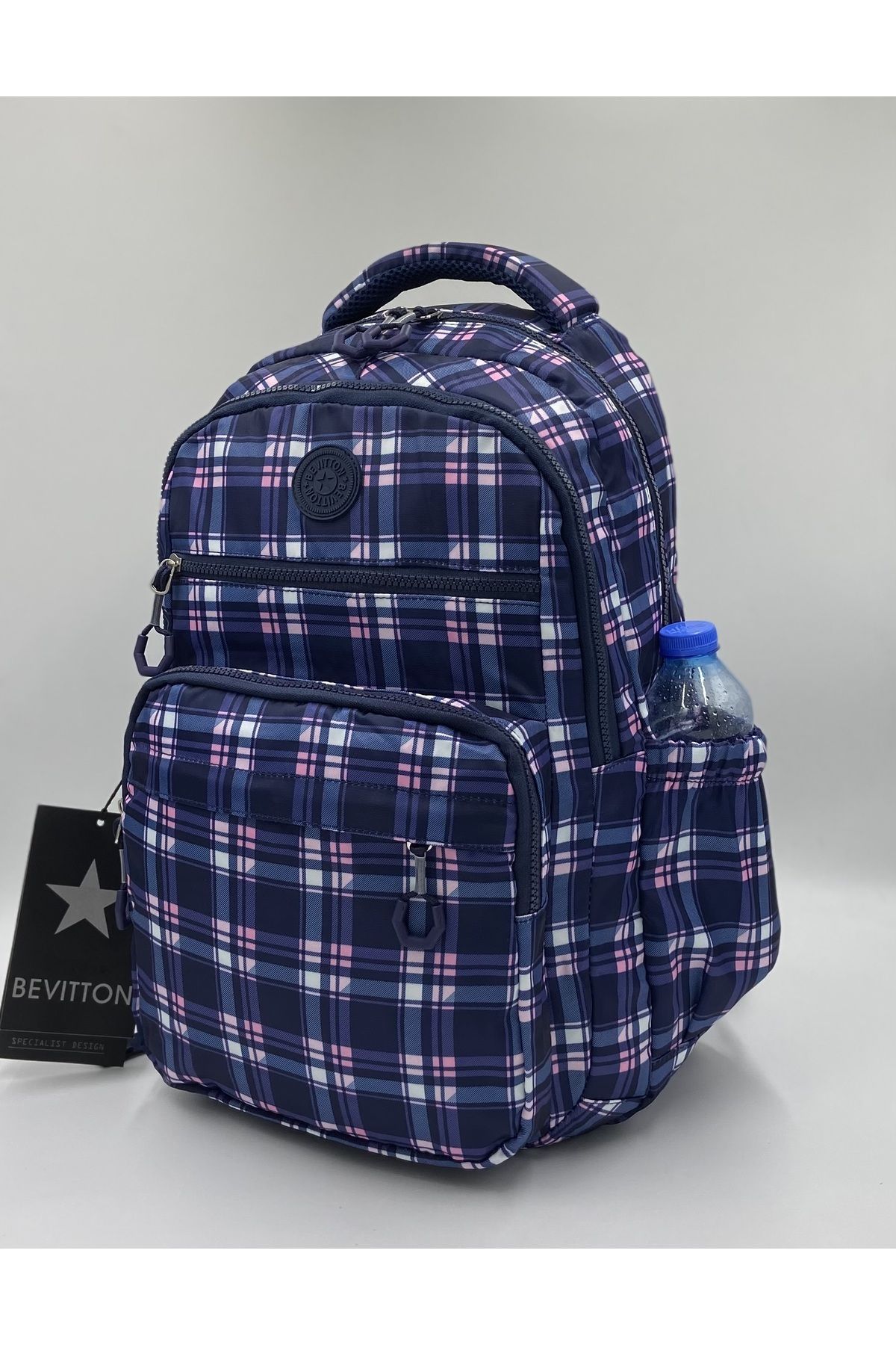 Bevitton Navy Blue Plaid Satin Waterproof Fabric Large Size Luxury Unisex Backpack Travel School Bag 3113