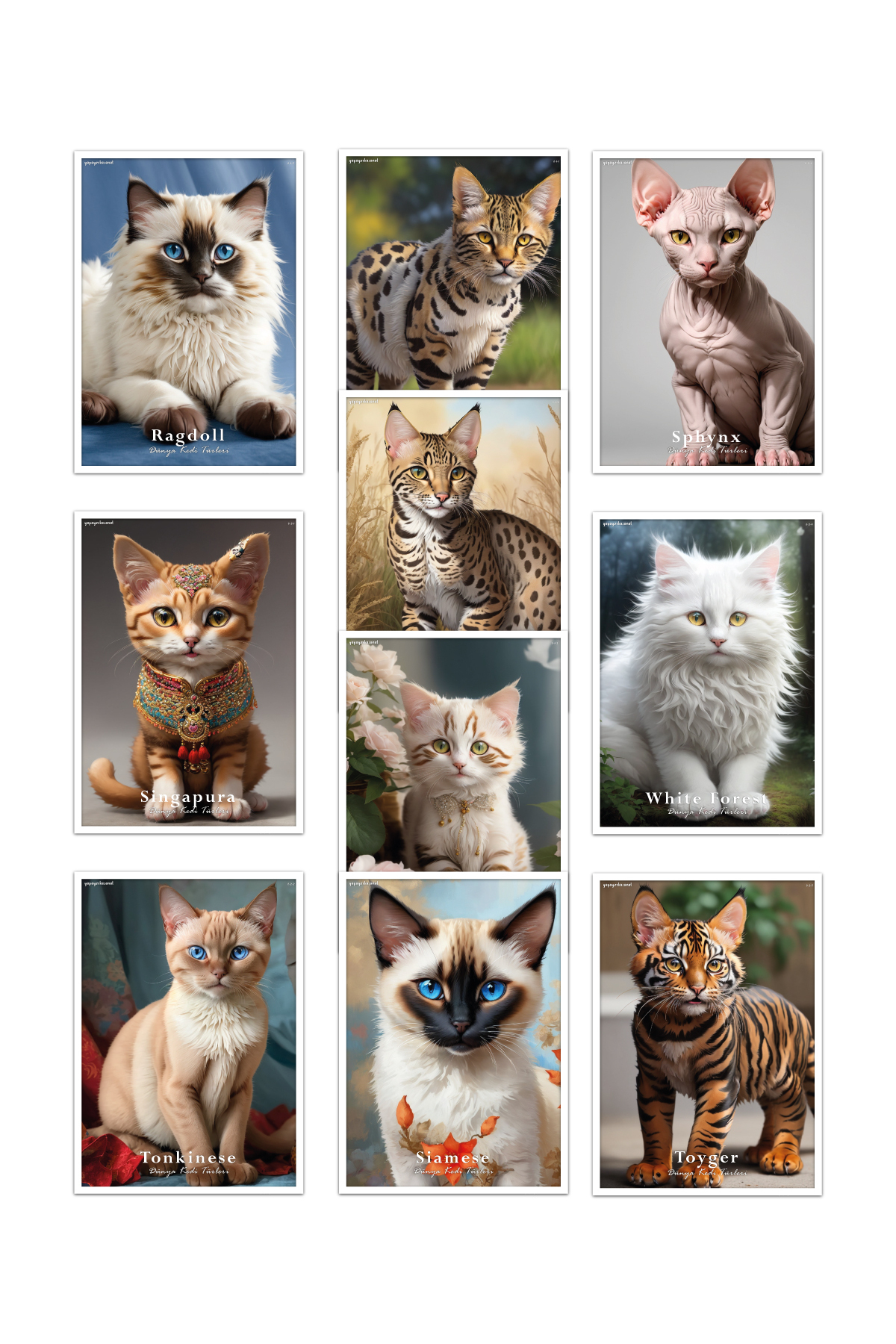 Cat Species in the World 10 Wall Poster "LARGE SIZE" 32x45 cm set8