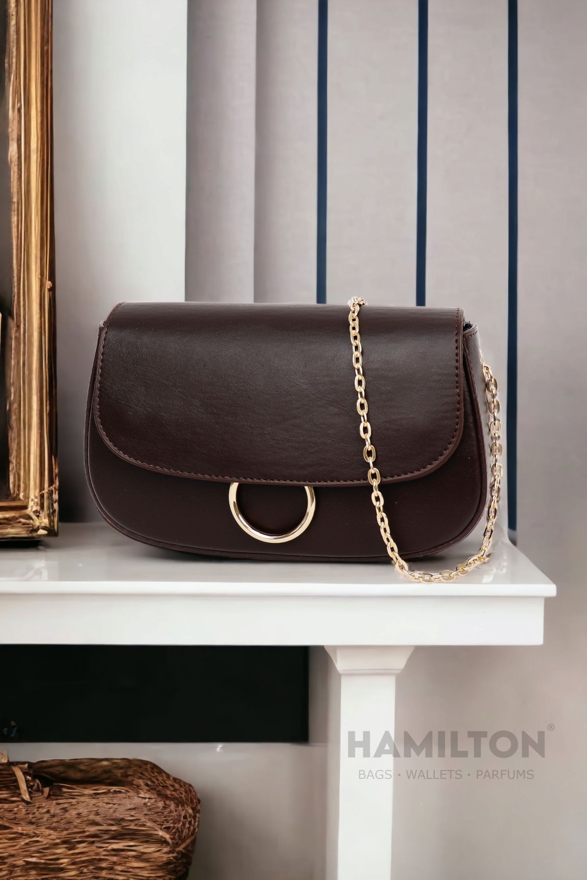 Hamilton Original Women s Cross Chain Strap Soft Leather Textured Detailed Single Eye Dark Brown Shoulder Bag