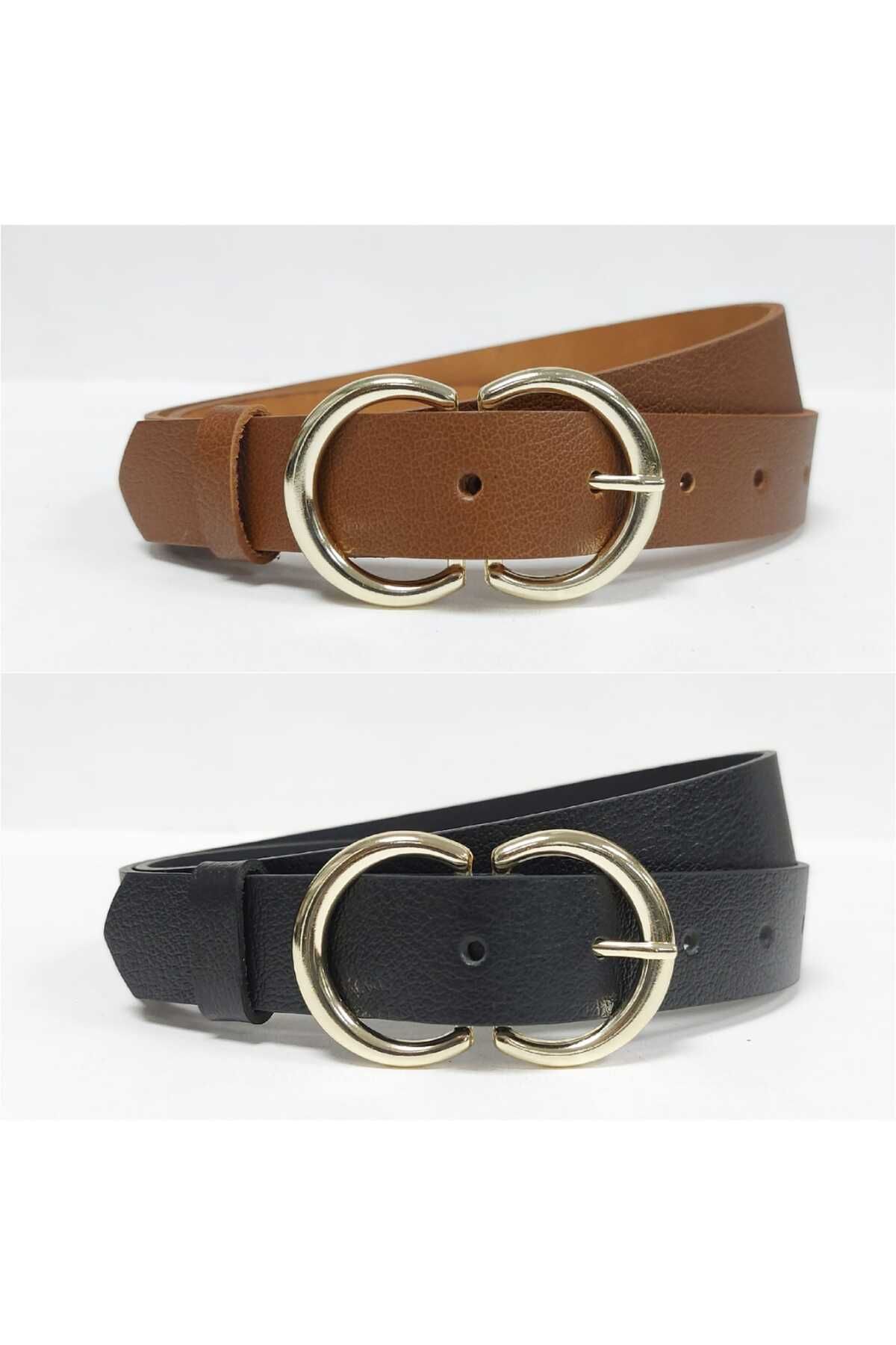 Kemerix 100% Piele Naturală, 2 Piese, Curea Neagră Pentru Femei Cu Cataramă Aurie Femeie - XL