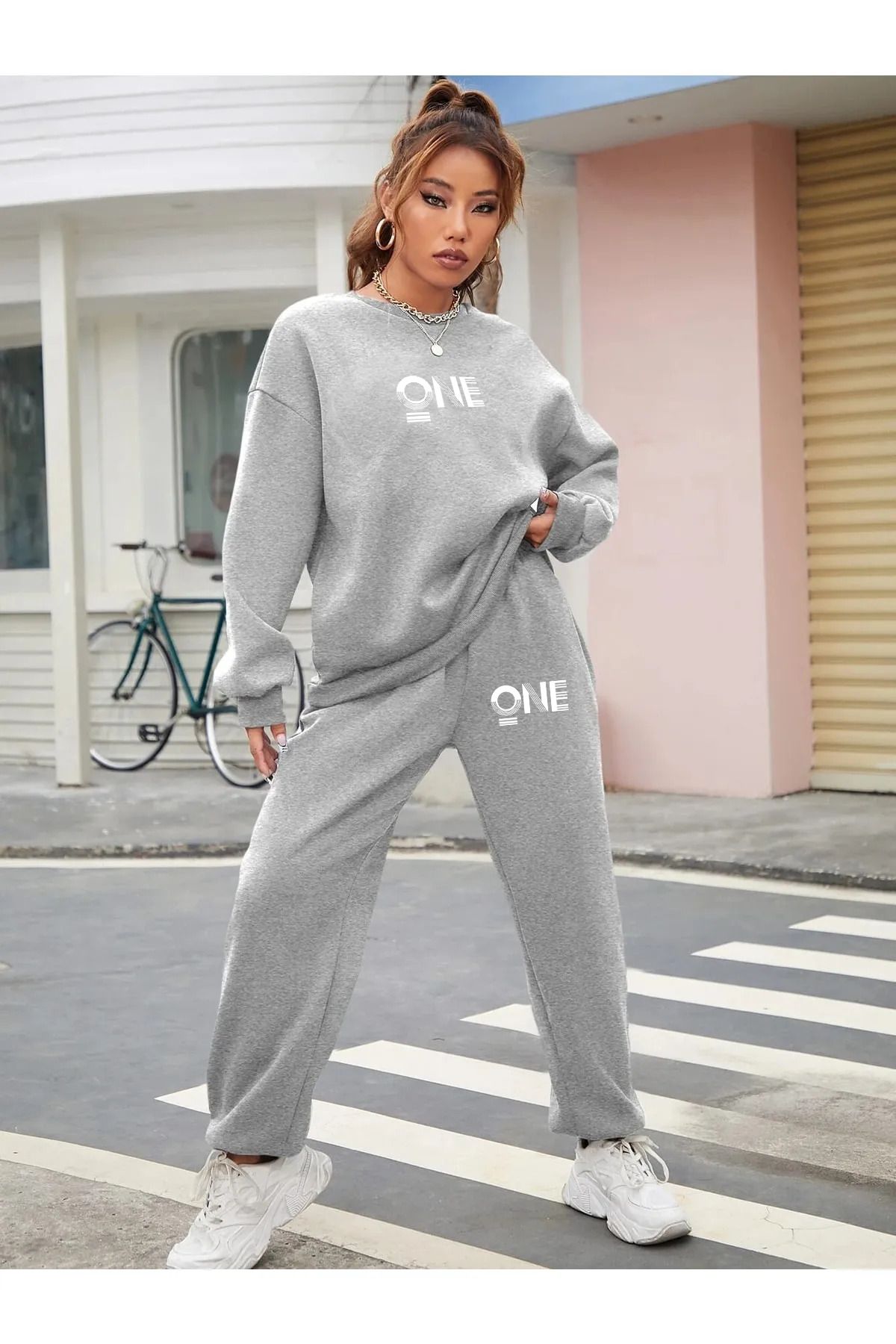 aynewmoda Women s One Printed Sweatshirt Tracksuit Bottom Top Set