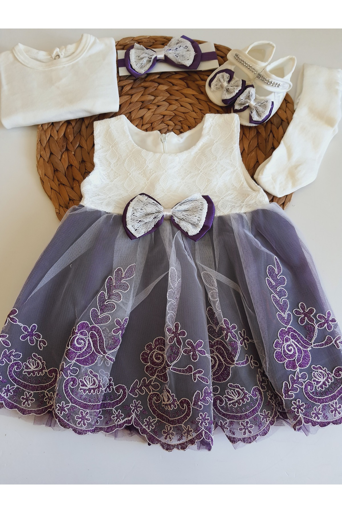 PİLEKİ BABY Kız Bebek 0-6 Ay Gelinlik Elbise 5 Li Mevlütlük Set Dantelli Elbise fotoğrafı 3 (önizleme)