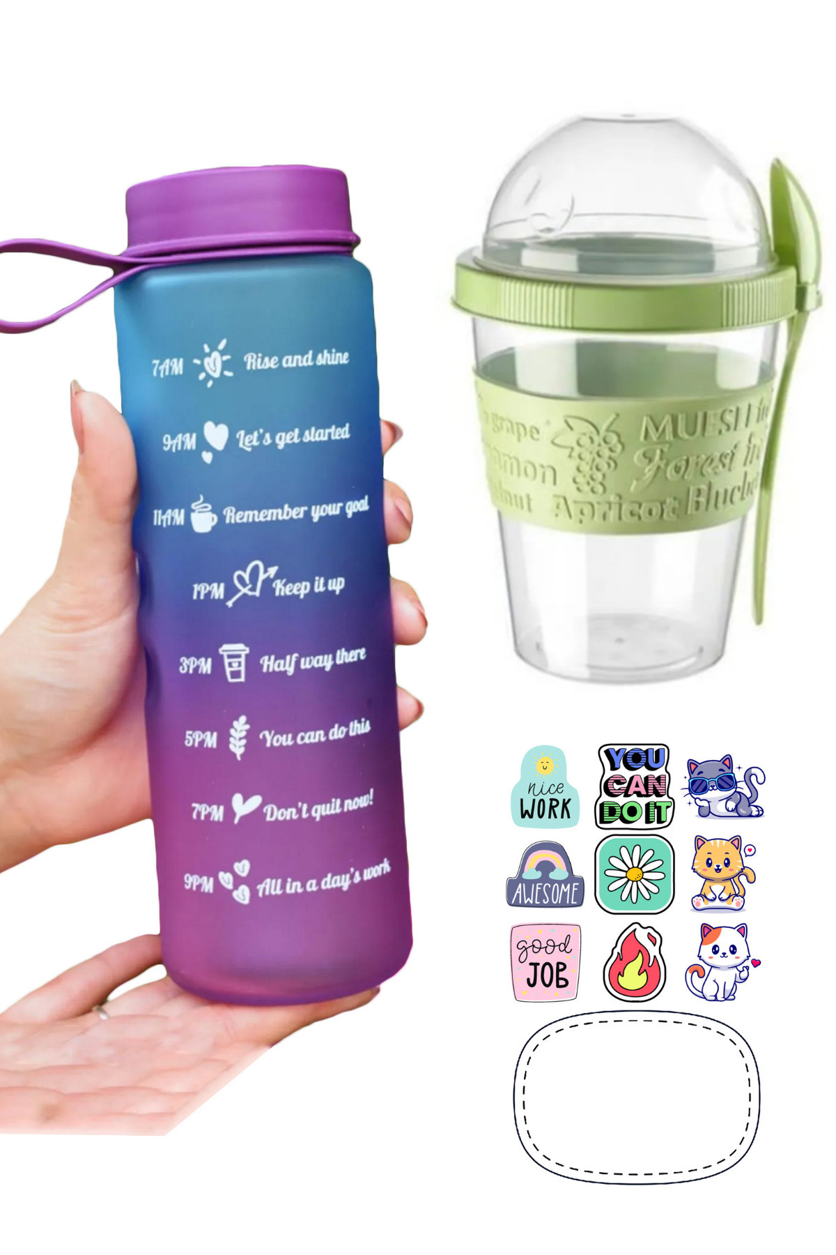 Svein Sızdırmaz Kapaklı motivasyonel Cam Suluk ve Pratik Kaşıklı Müsli