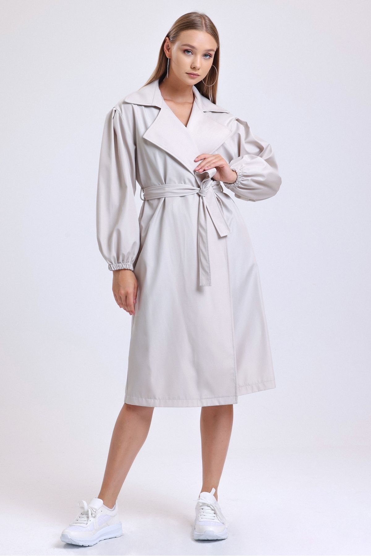 MD trend-Women's Stone Double Pocket Balloon Sleeve Belted Trench Coat 2
