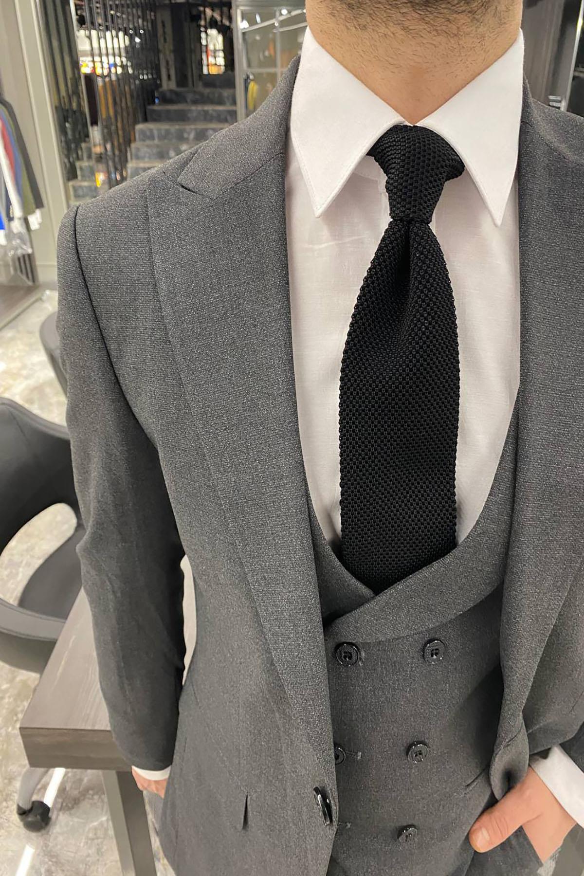 Fc Plus  GENİŞ YAKA DÜZ YELEKLİ ANTRASİT TAKIM ELBİSE - Görsel 3