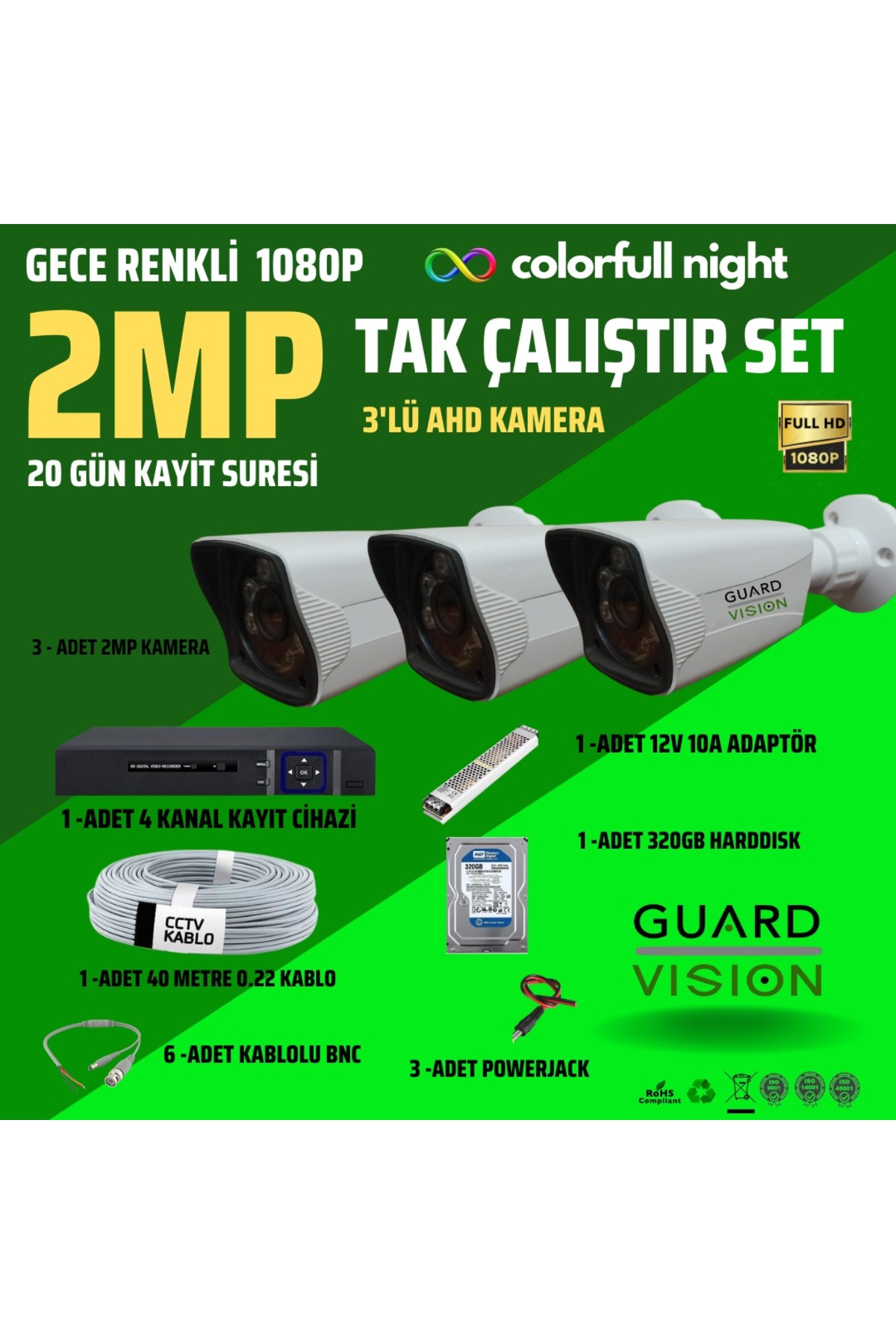 GUARDSET Guardvision Gece Renkli 3' lü güvenlik kamerası seti Fiyatı, Yorumları Trendyol