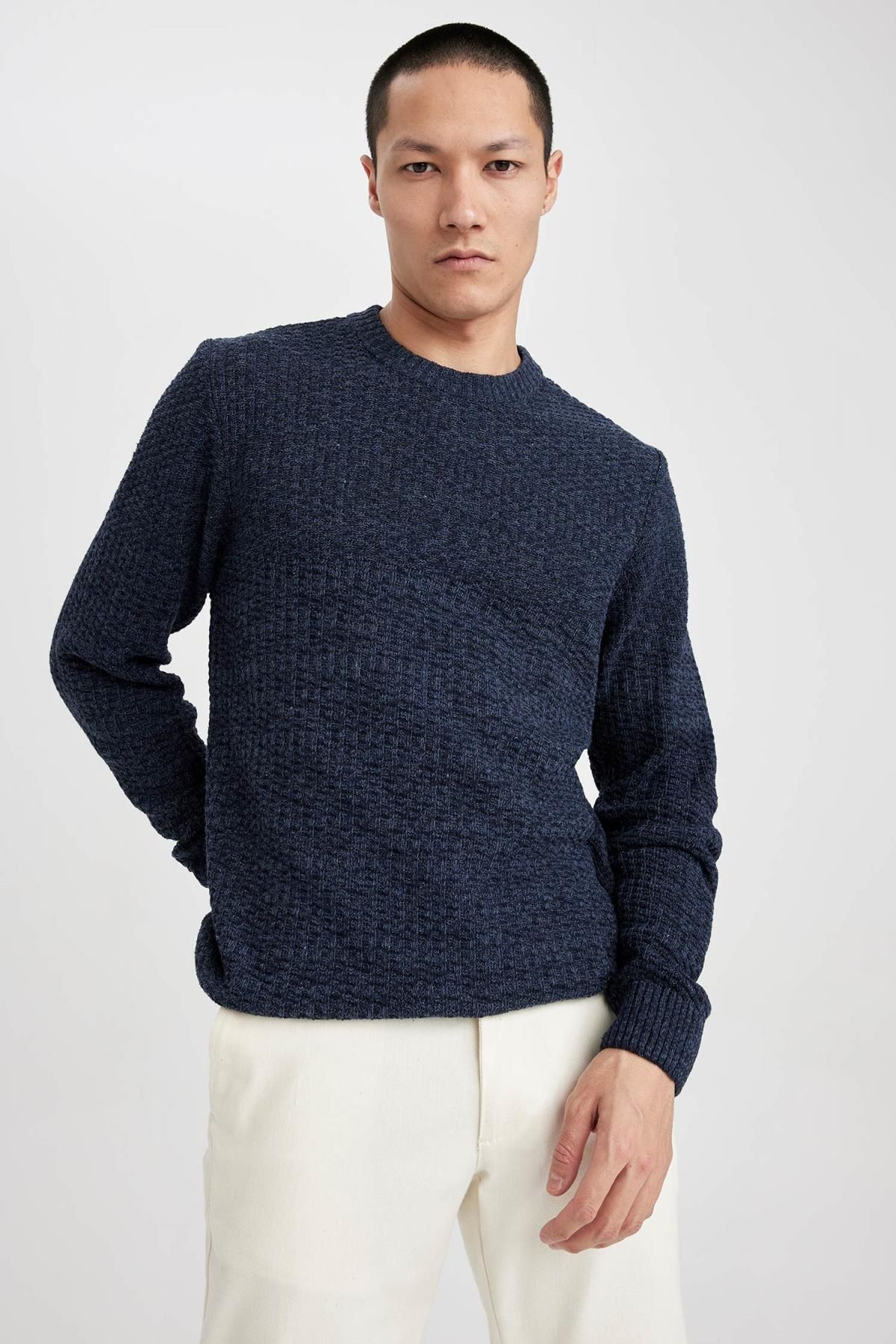 DeFacto-Navy Blue Standard Fit Regular Cut Crew Neck Textured Knitwear Sweater R1175Az23Au 3