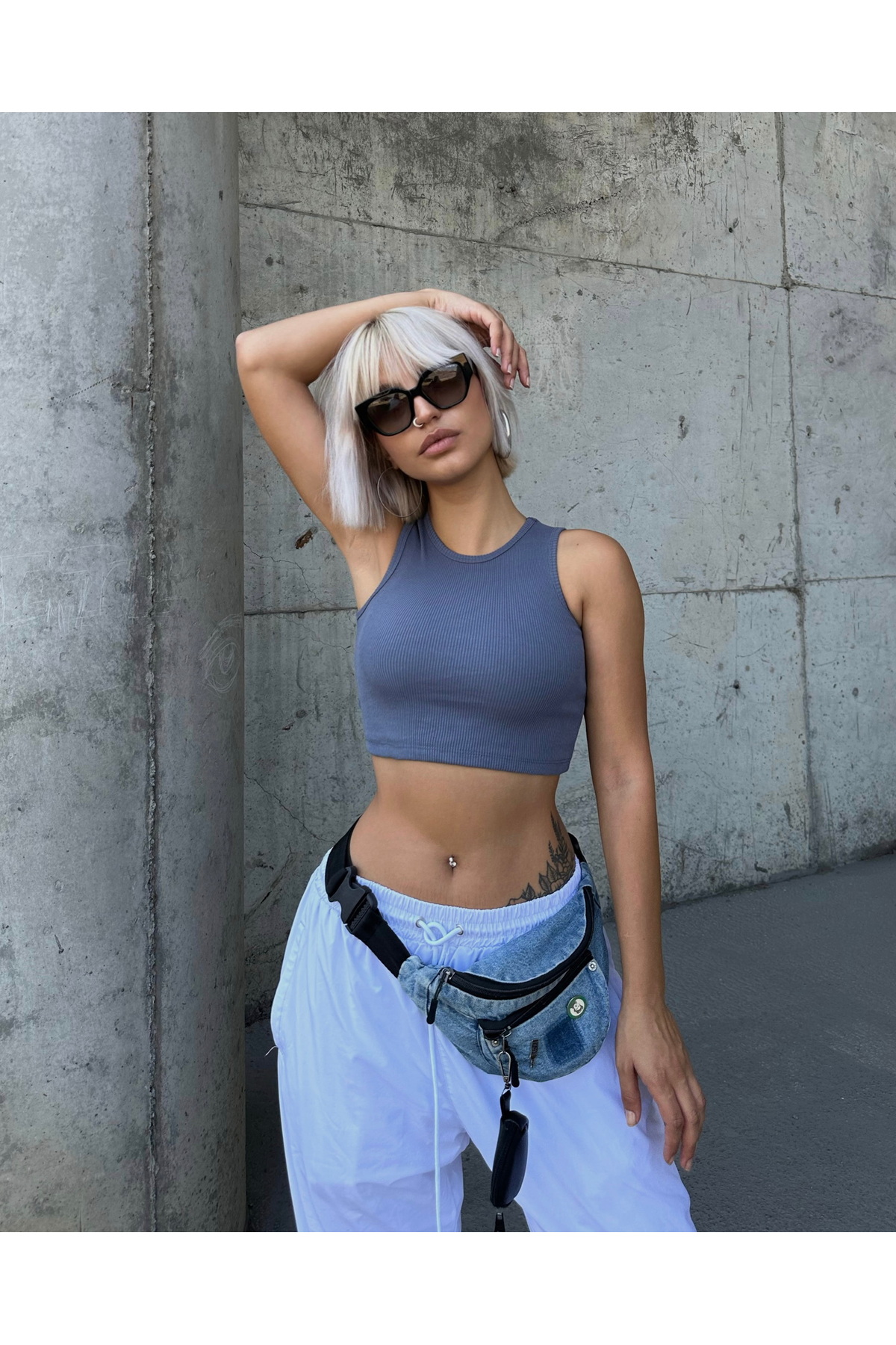 KADIN FİTİLLİ KAŞKORSE BASİC CROP BLUZ - Füme