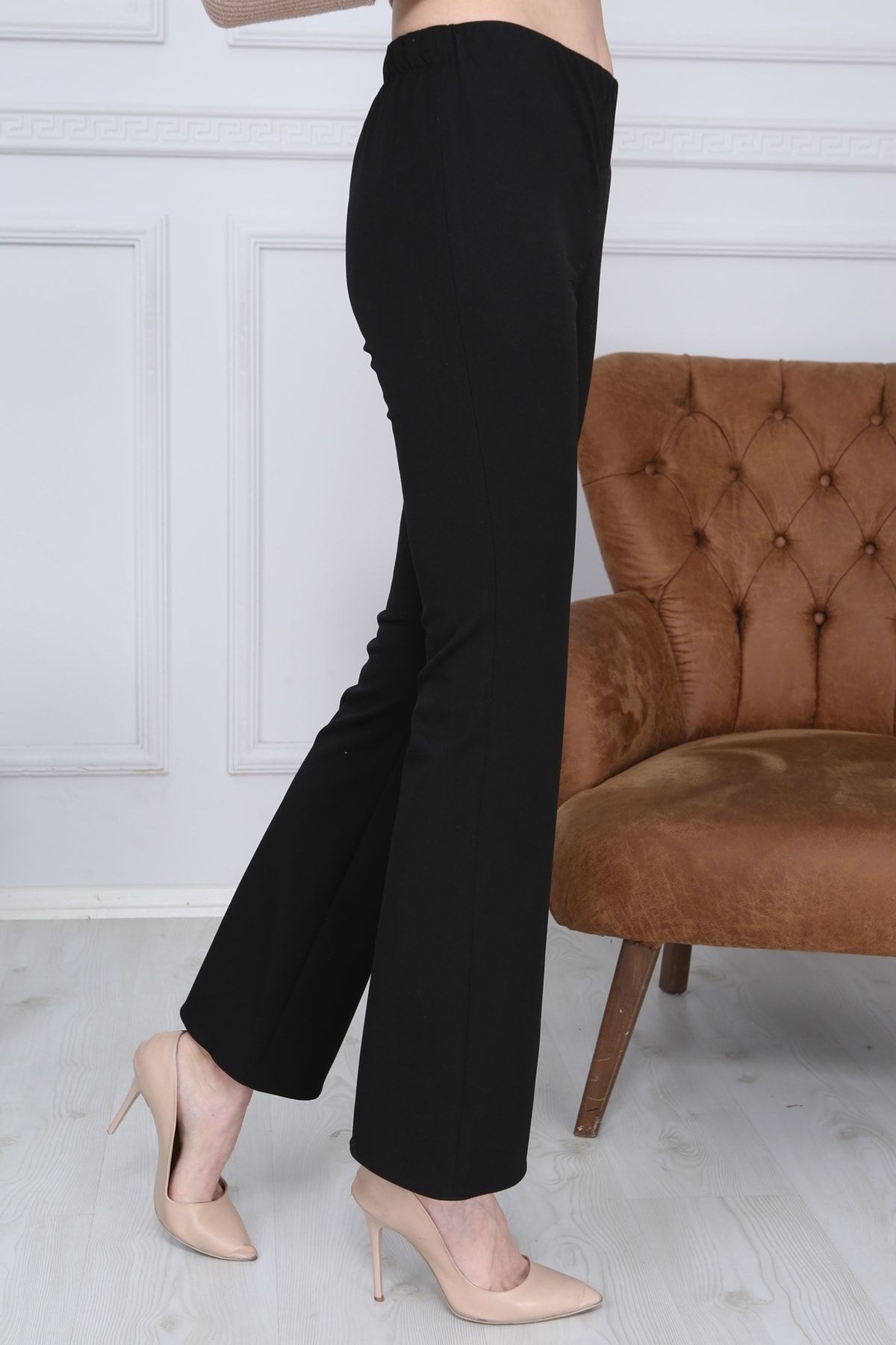 Gül Moda-Flared Leg Elastic Waist Lycra Fabric Trousers Black Without Pockets 2