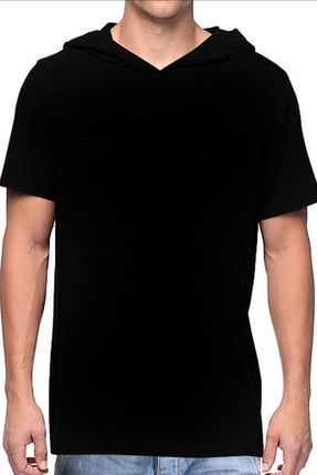Düz, Baskısız Basic Siyah Kapşonlu Kısa Kollu Erkek T-shirt 1M1KM000AS