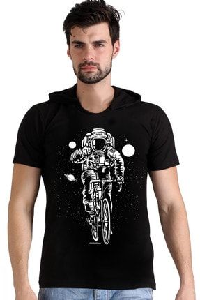 Bisikletli Astronot Siyah Kapşonlu Kısa Kollu Erkek T-shirt 1M1KM184AS