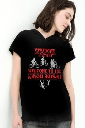 Bisikletli Stranger Things Siyah Kapşonlu Kısa Kollu Kadın T-shirt 1W1KW020AS