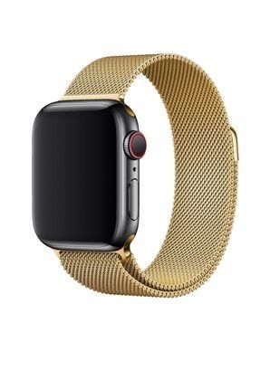 Apple Watch 44 Mm Çelik Kayış Hasır Örme Kordon Milano Gold Altın KRDN6