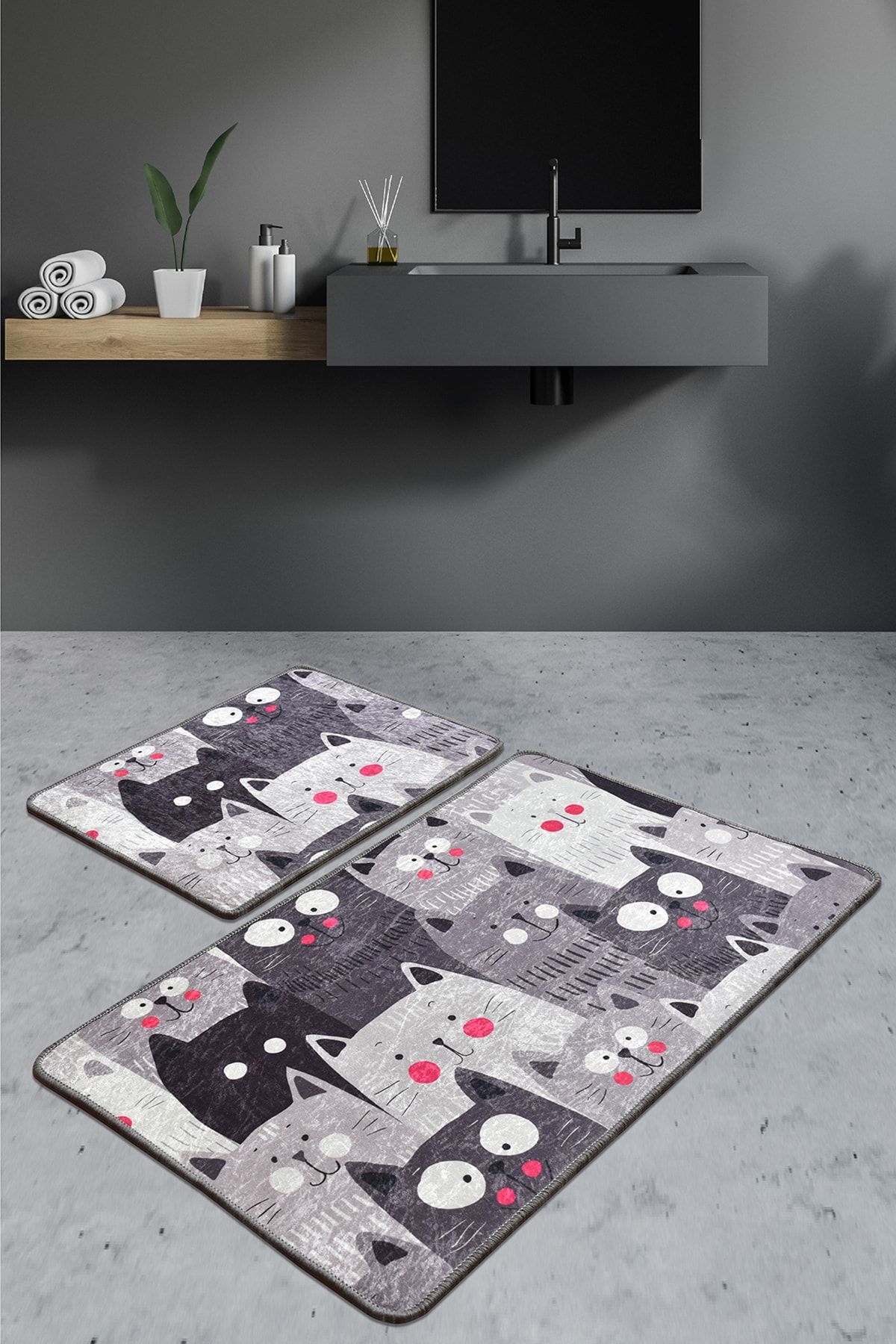 Chilai Home MEOW GRİ DJT 2 LI SET Klozet Takımı, Banyo Paspas Seti Halısı