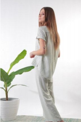 Kadın Yeşil Ekoseli Pantolon Gömlek Ultra Yumuşak Bol Kesim Dokuma Viskoz Pijama Takımı pamuk-pamuk