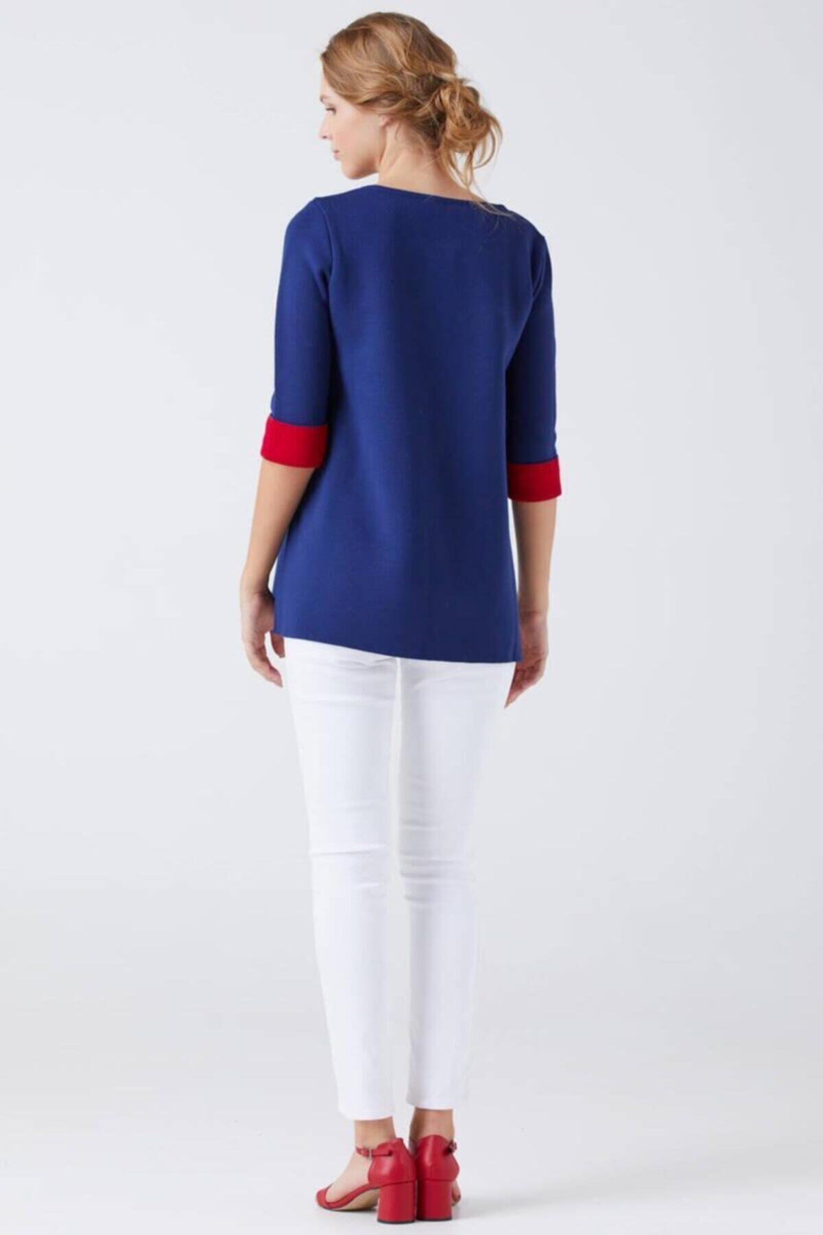 Sementa  Kadın Truvakar Kol Triko Kazak - Lacivert - Kırmızı - Görsel 3
