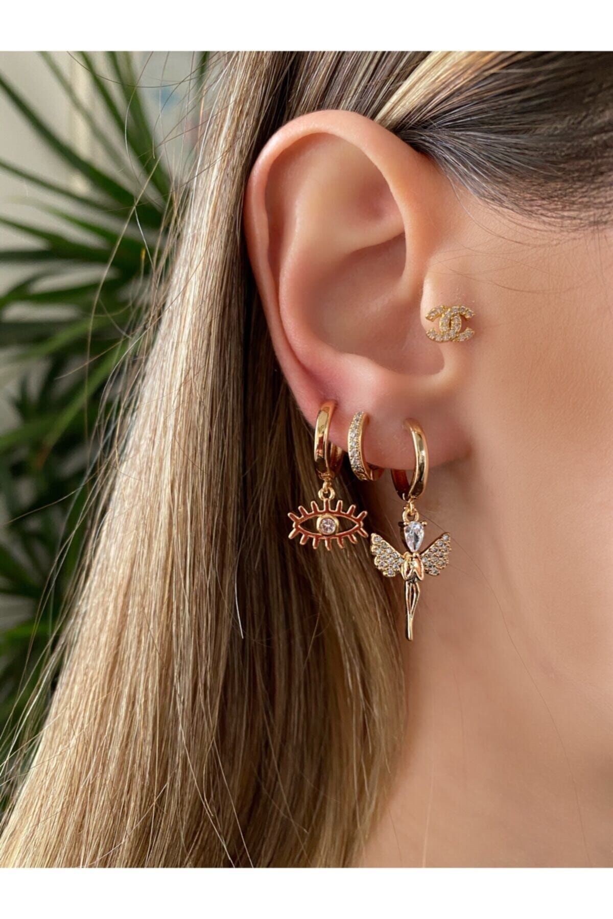 Okkostore Women s Gold Color Angel Charm 3 Piece Earring Set