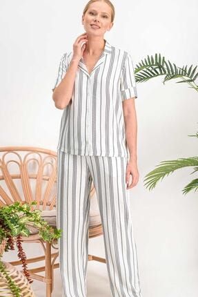 Kadın Krem Lines Gömlek Pijama Takımı AR718-S