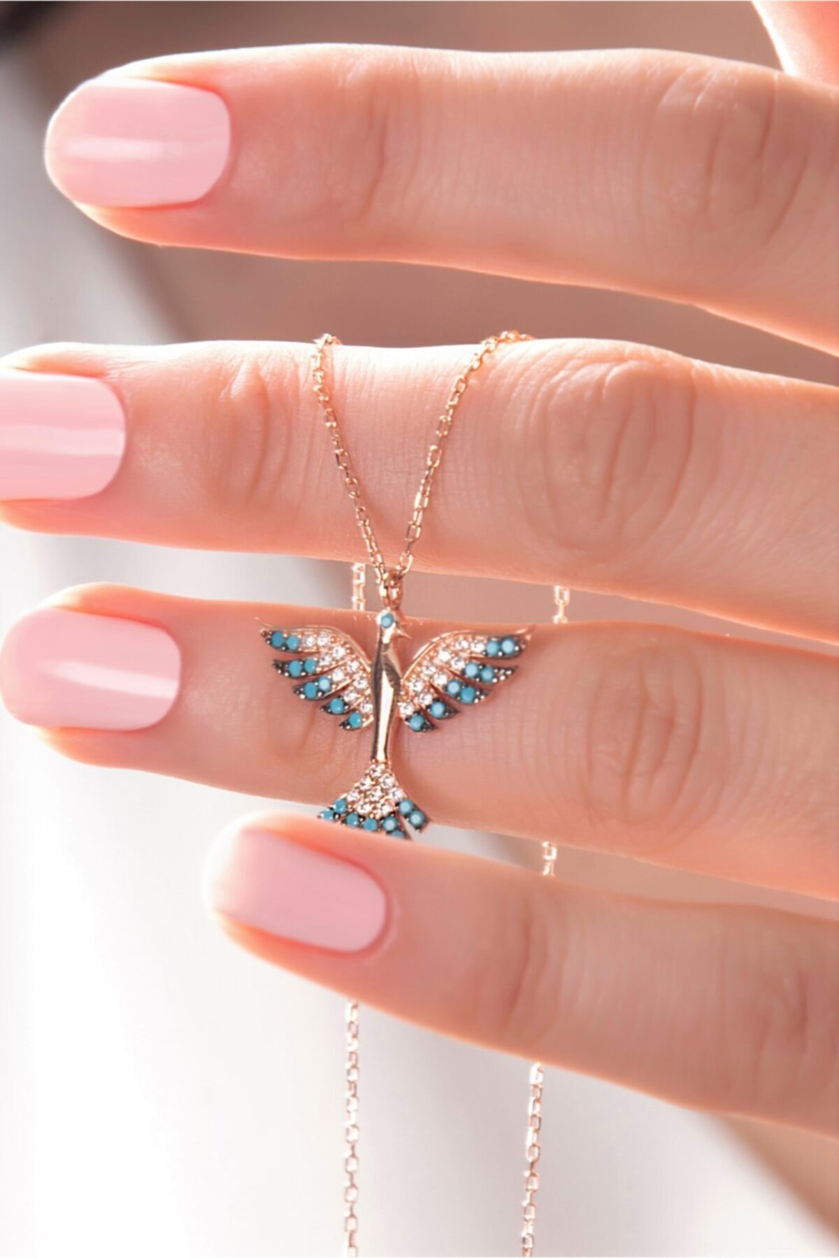 Bilsen Store Kadın 925 Ayar Gümüş Zincirli Rose Kaplama Zümrüdü Anka Kuşu Kolye görsel 3