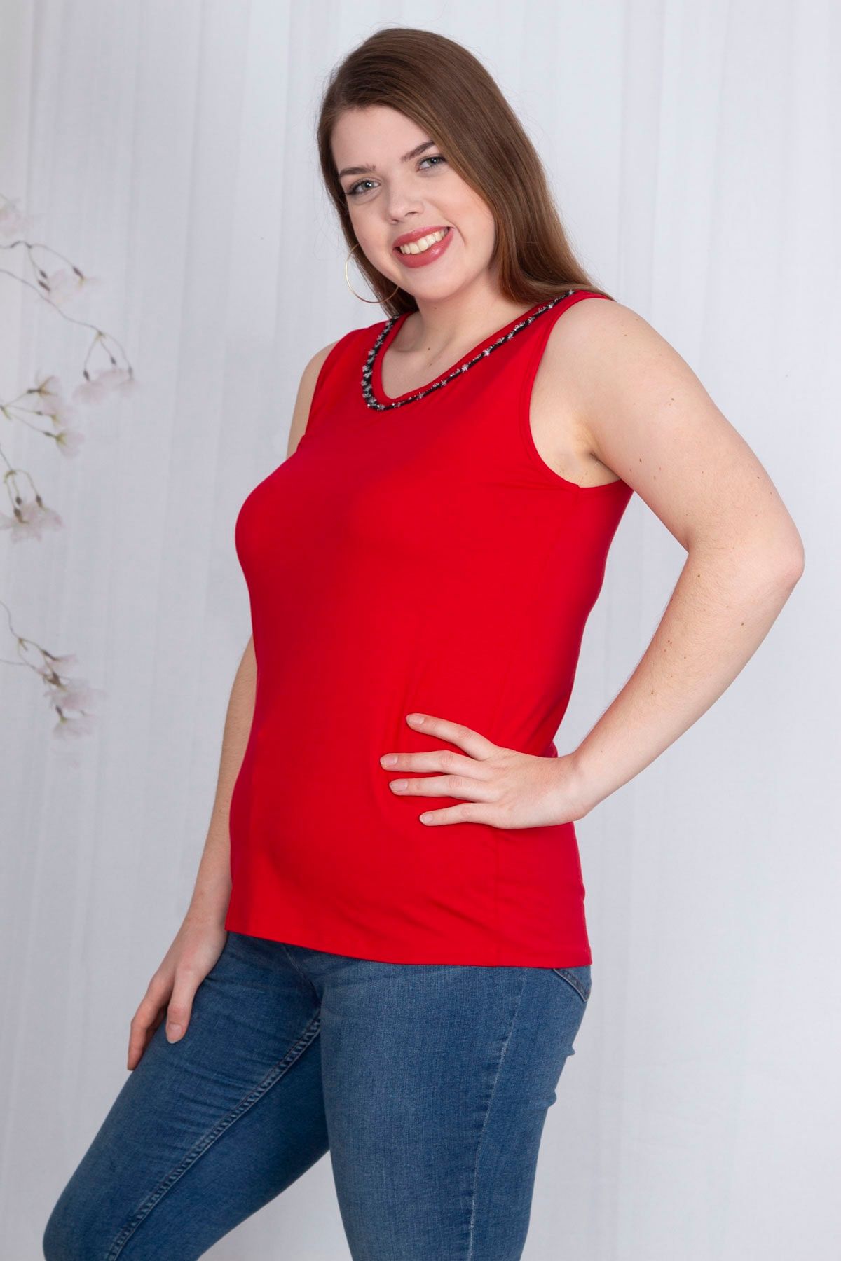 Şans-Women's Large Size Red Collar Detailed Sleeveless Blouse 65n23587 3