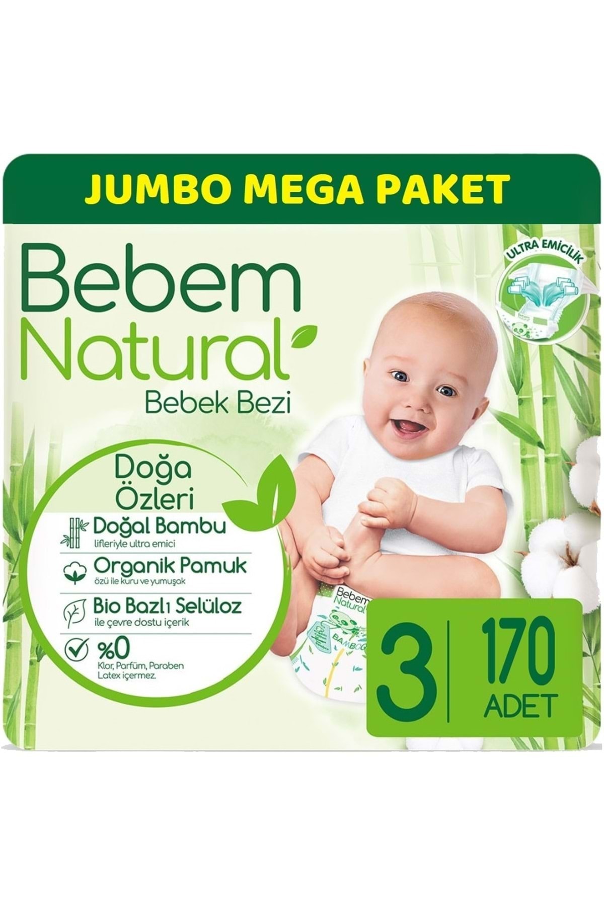 Bebem Natural Bebem Bebek Bezi Natural Jumbo Mega Pk Beden:3 (4-9kg) Midi 170 Adet