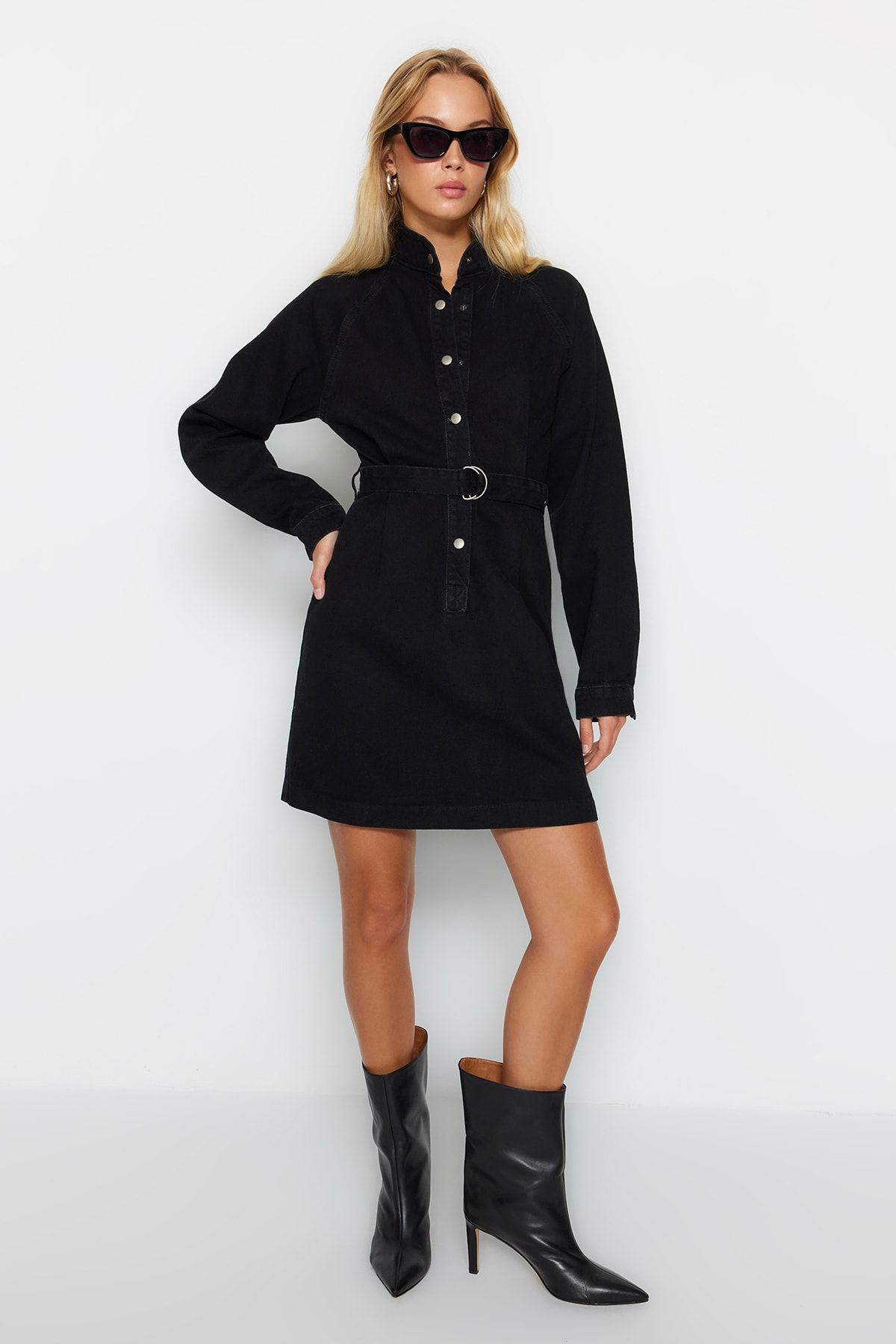 Black belted denim top dress