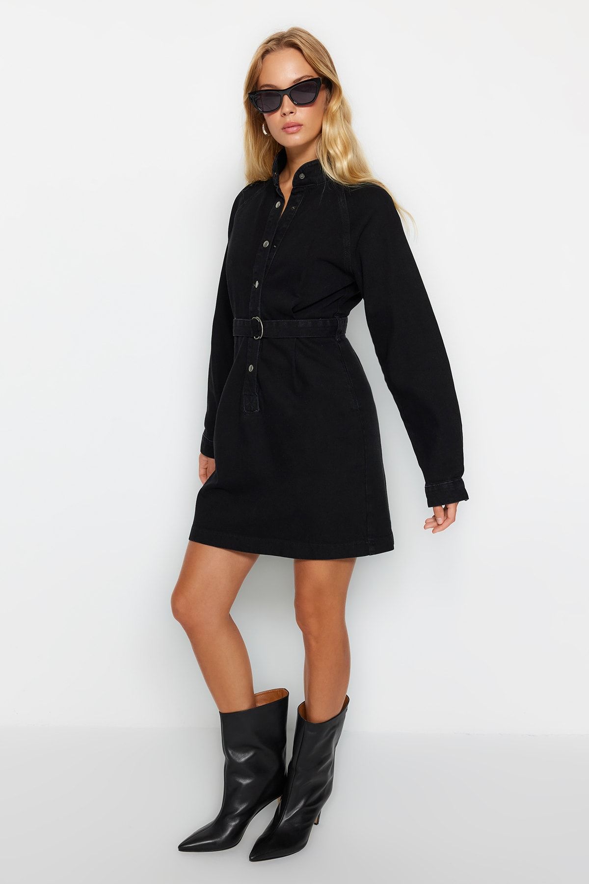Trendyol Collection Black Belted Oversize Mini Denim Dress