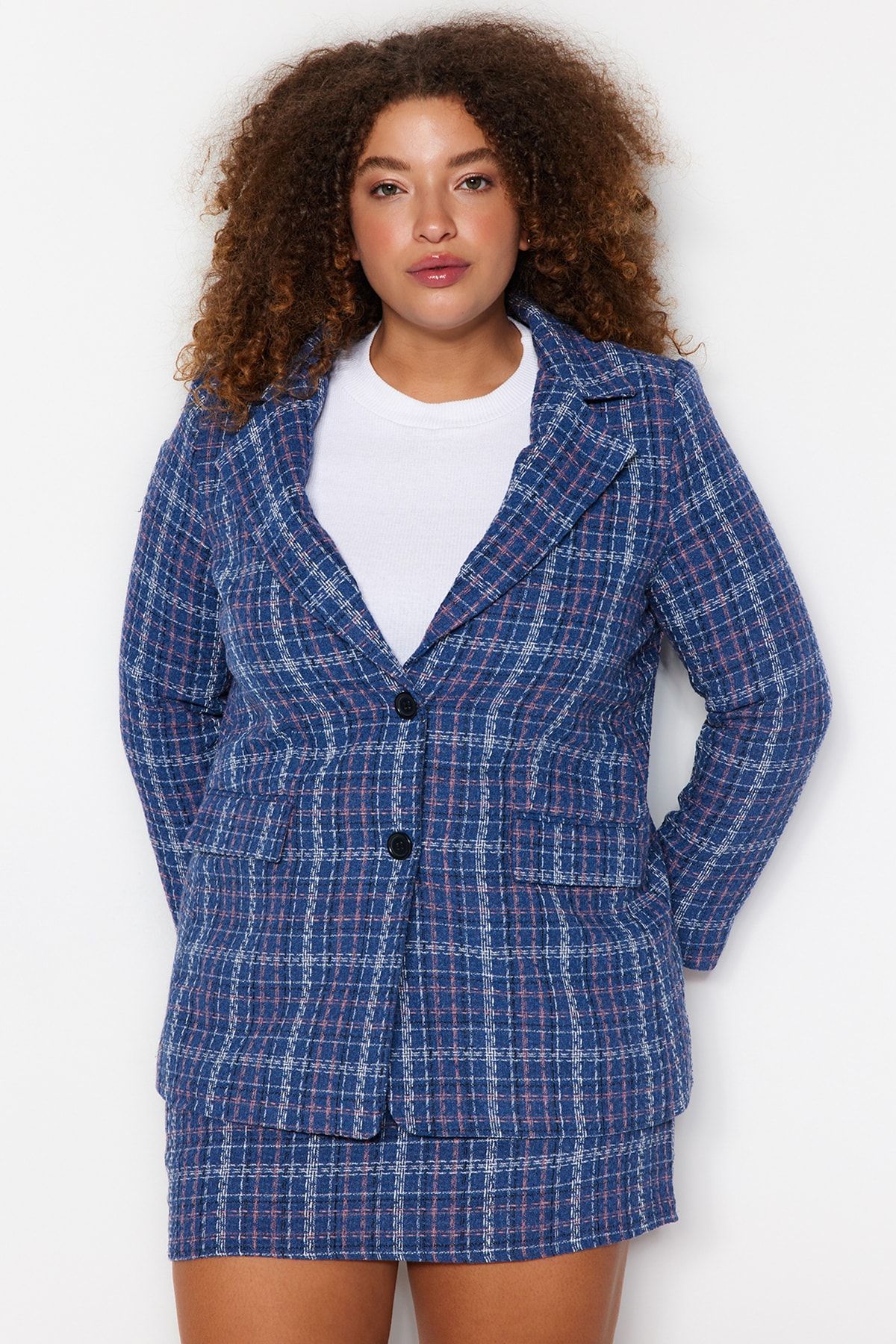 Trendyol Curve-Plaid Patterned Indigo Tweed Jacket - Buttoned and Lined TBBAW24AG00002 3