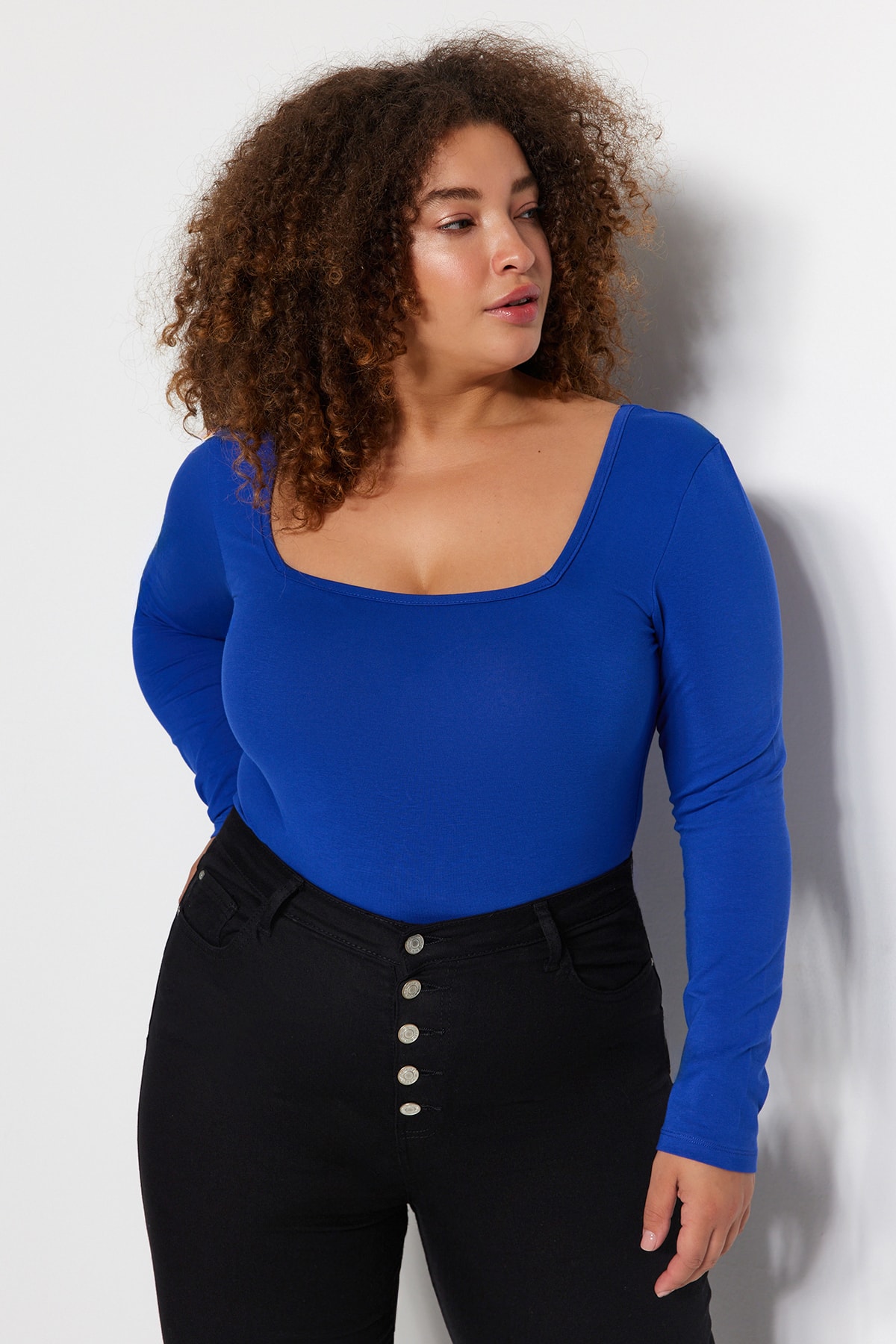 Trendyol Curve Mavi Kare Yaka Vücuda Oturan Örme Body