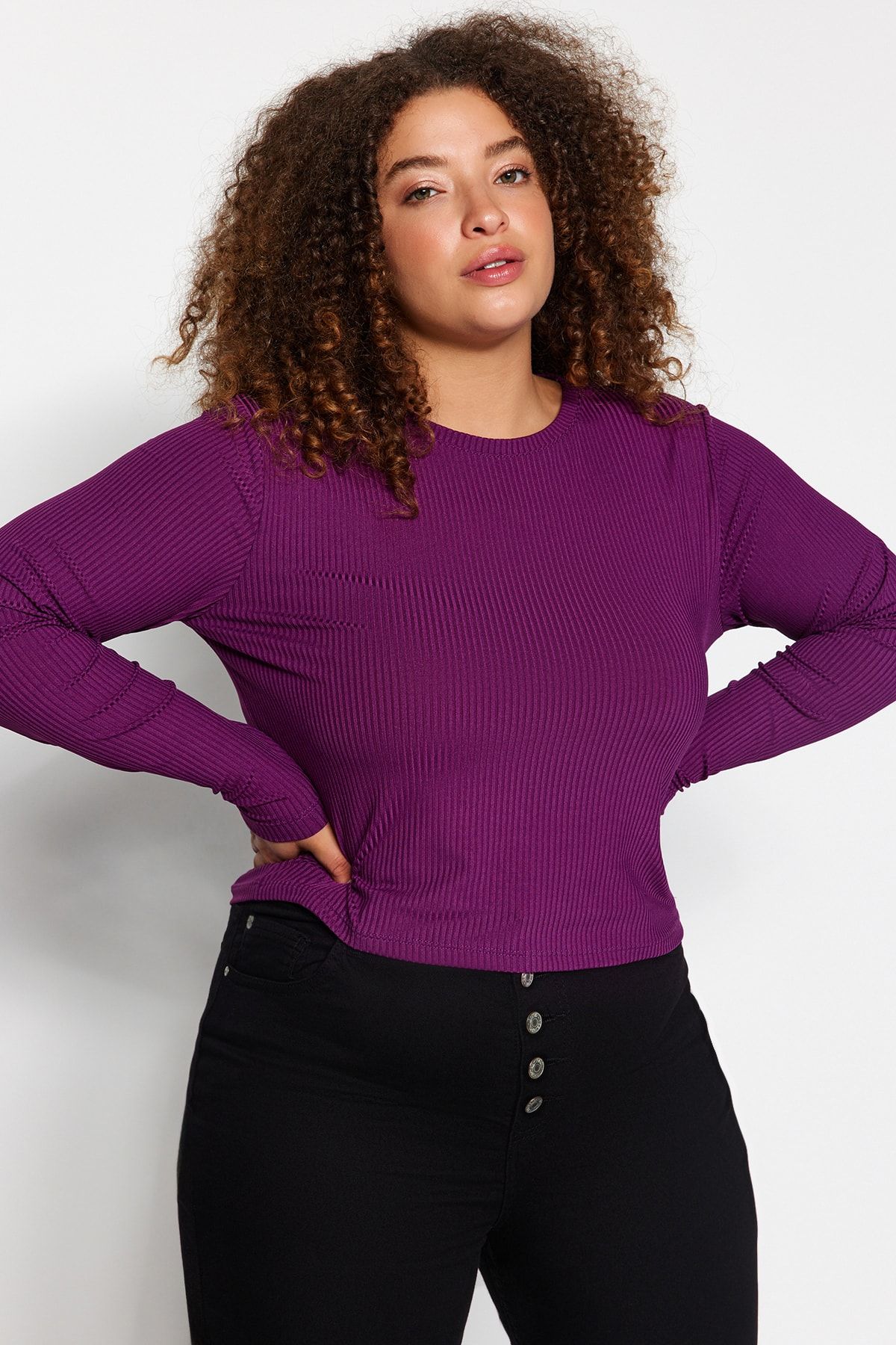 Trendyol Curve Bluzka Plum Bodycone/body Sitting Prążkowana Dzianina Plus Size Tbbaw23af00016 Kobieta - XL