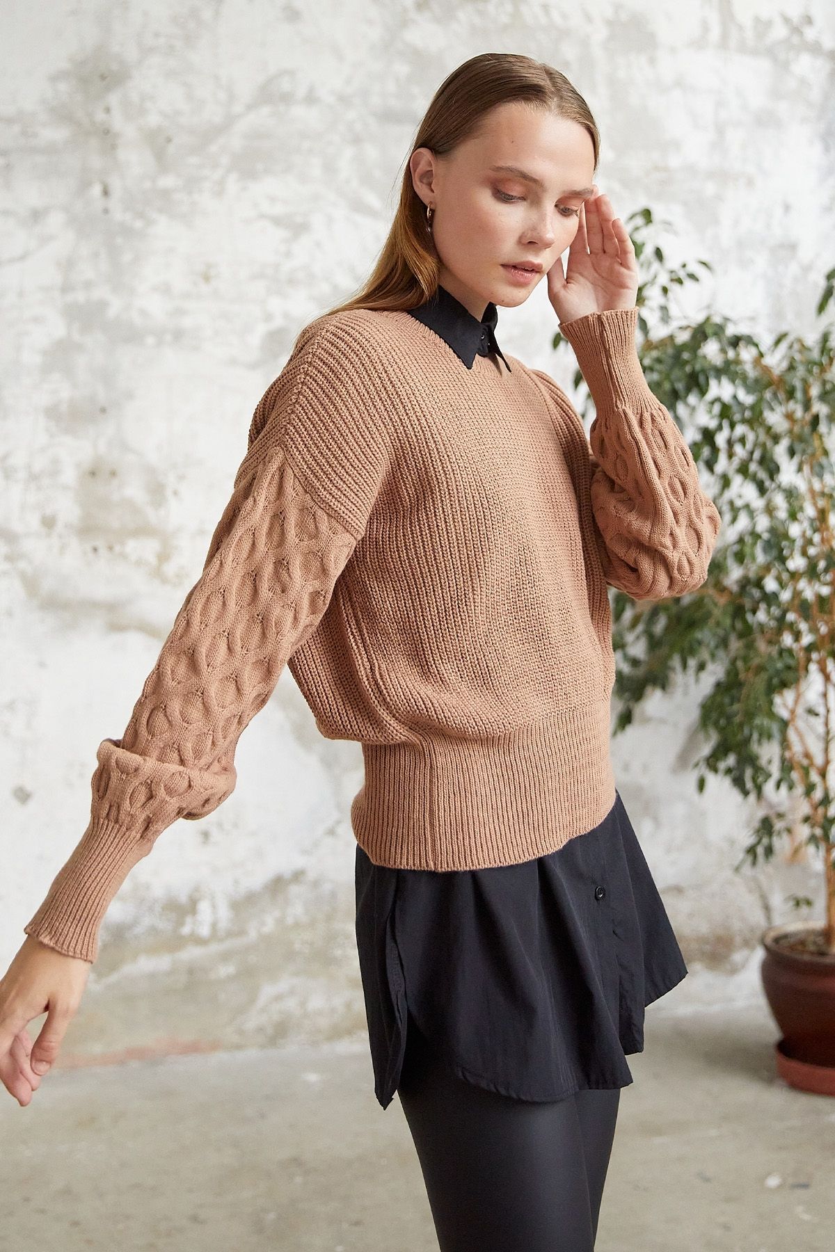 InStyle Asil Balloon Sleeve Knitwear Short Sweater Camel Trendyol