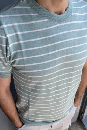 COOL TARZ Erkek Su Yeşili Kısa Kollu Fitilli Akrilik-Pamuk Karışımlı Triko T-...