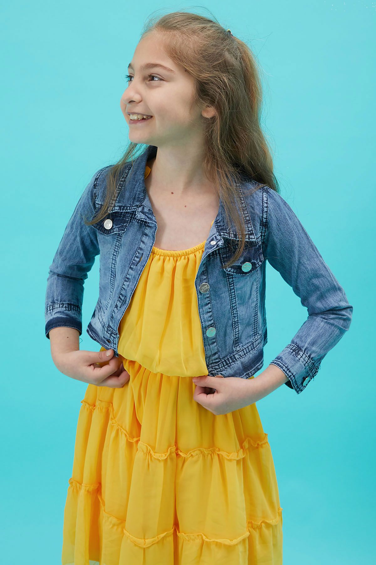 Cans n Mini Girl s Yellow Dress Set with Jean Jacket 15195