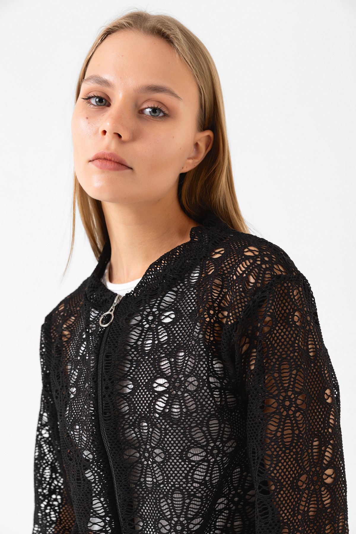 Black lace bomber jacket clearance