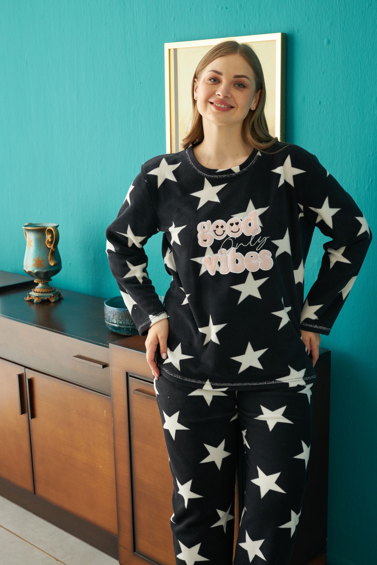 Siyah İnci-Bottom-Top Polar Embroidered Curve Plus Size Oversize Pajama Set 1