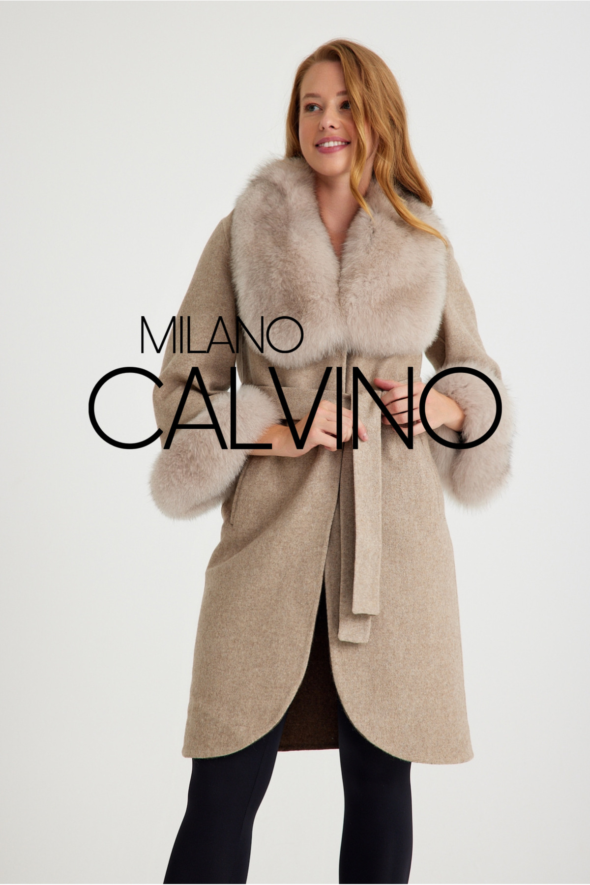 Milano Calvino  Alpaka Yün Kumaş Kürklü Kadın Palto (bej) - Görsel 7