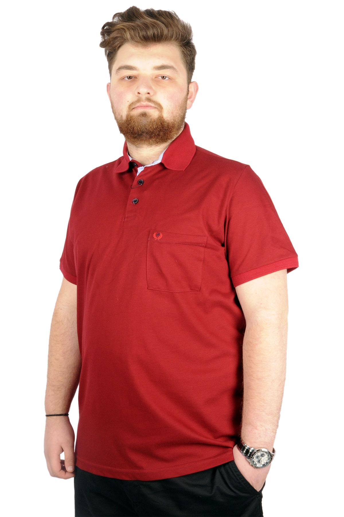 Mode XL Plus Size Men's T-Shirt Polo Neck Classic Quilting with Pocket 20552 Burgundy