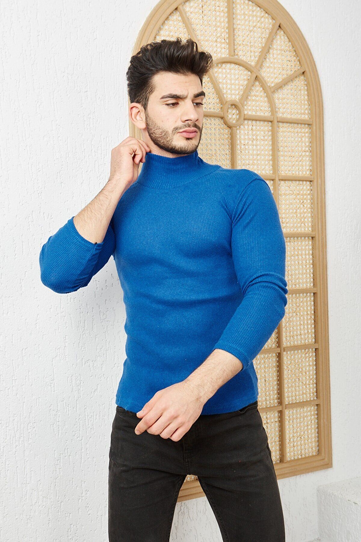 Seise Tekstil Men s Saks Blue Lycra Turtleneck Sweater Trendyol