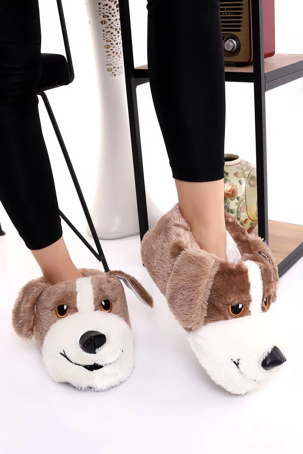 Alt n Ad m Plush Soft Black Winter Home Shoes with Dog Figures and