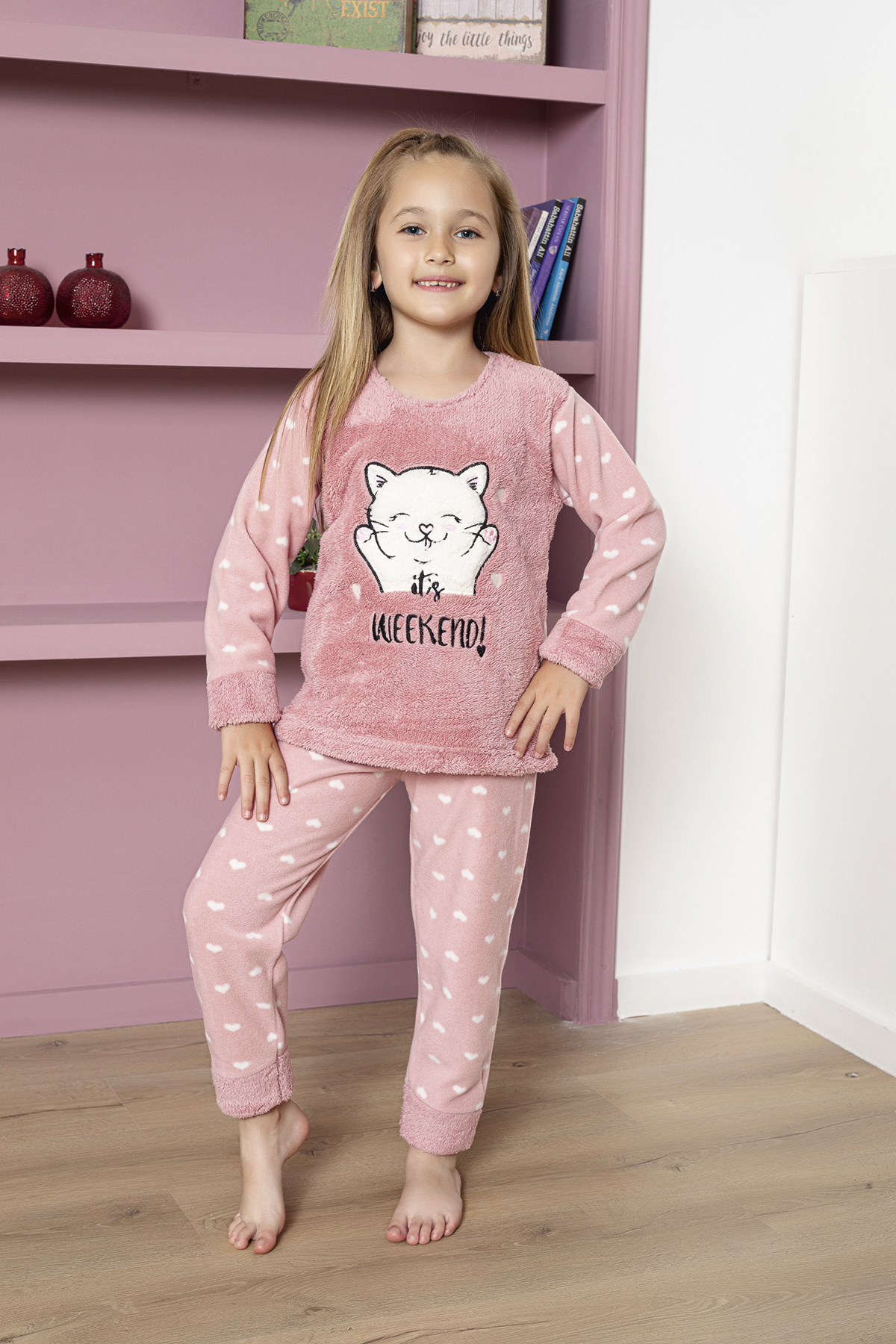KAPİKİDS DOOR KİDS Long Sleeve Weekend Cat Powder Color Girls Fleece Children's Pajamas Set