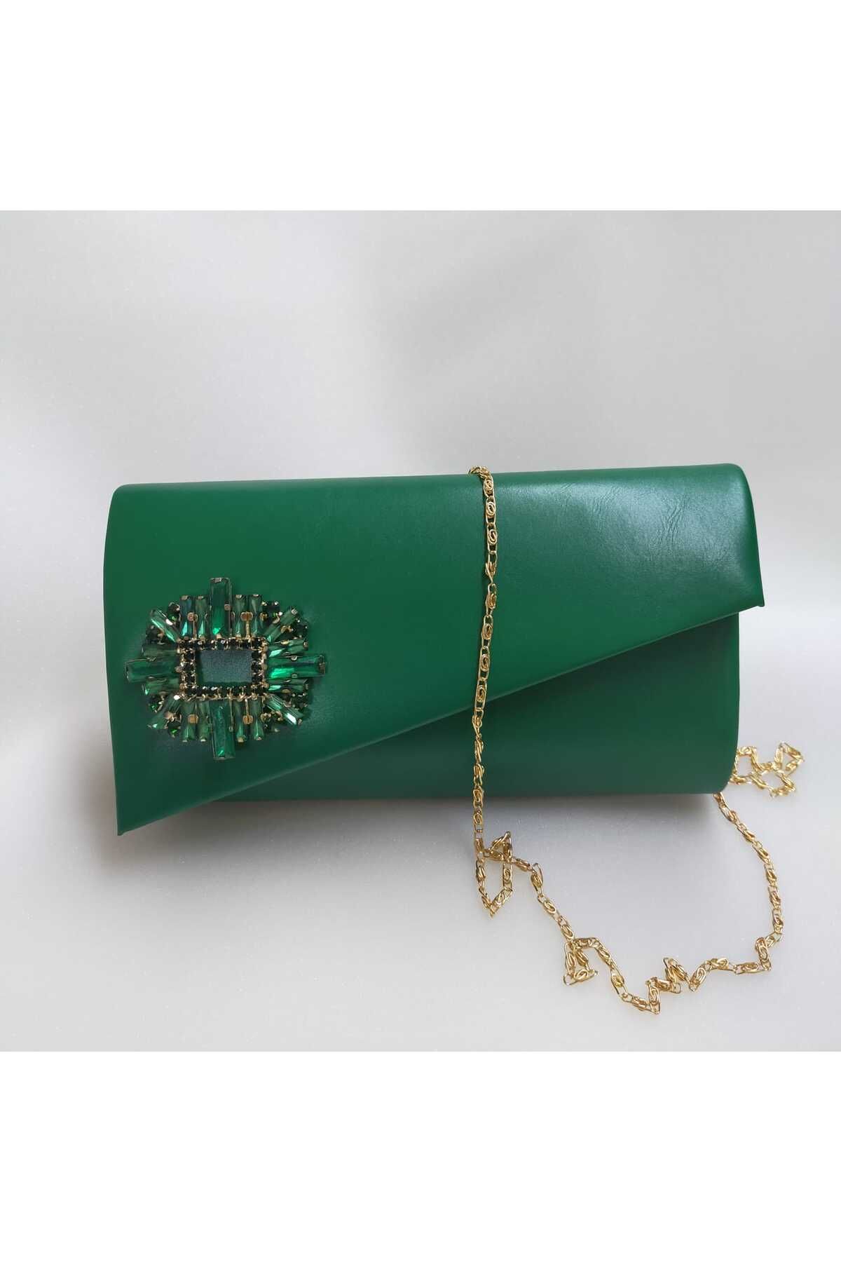 bsc Green Artificial Leather Green Stone Evening Bag