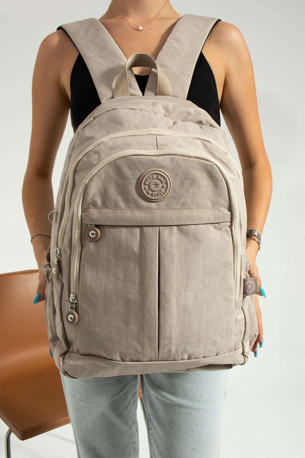 MEGA ÇANTA-MEGA Large Size - Multi-Compartment Cream Lined Durable School Backpack 3