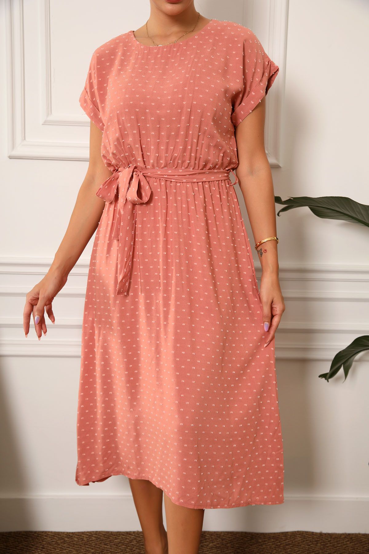 armonika Lachsfarbenes Damenkleid mit Bommel Taille ARM-23Y001127 Trendyol elastischer - und Bindeband und