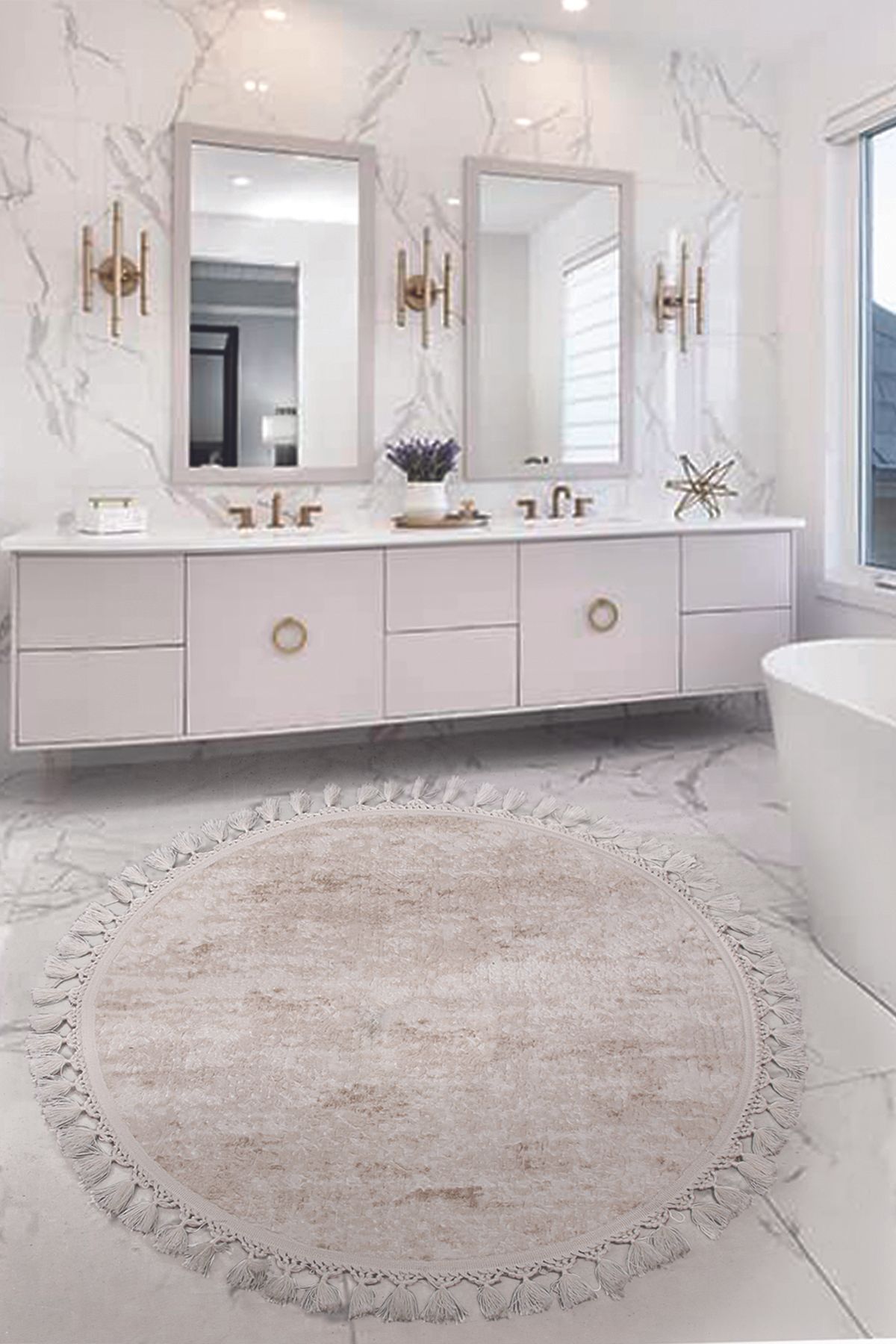 Bonny Home Covoraș De Baie Rotund Nova Cream, Rotund, 120x120 Cm, Cu Franjuri, Cu Pompon, Cu Bază Anti-alunecare, Lavabilă La Mașină - One Size