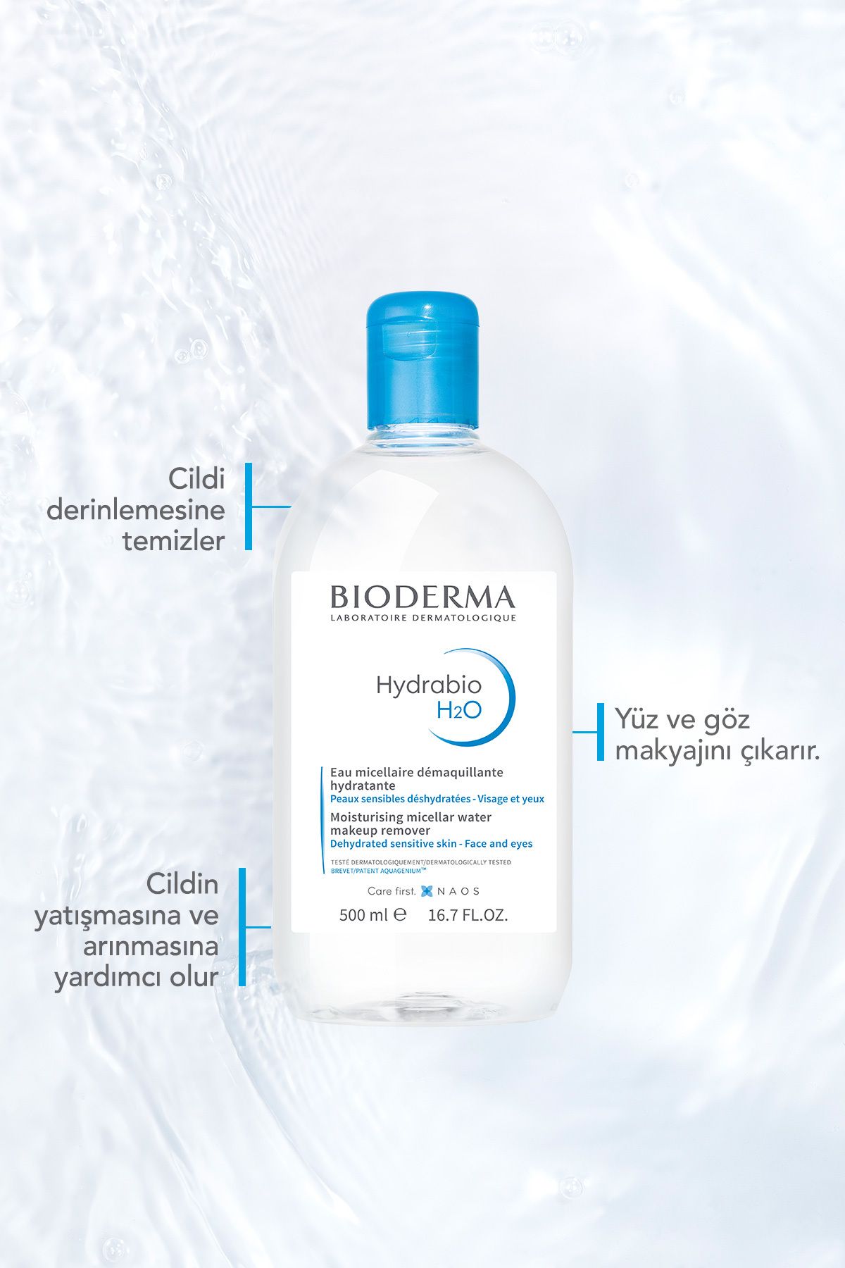 Bioderma آب تمیز کننده آرایشی مایکلر مرطوب کننده پوست خشک Hydrabio H2O 100 میلی لیتر