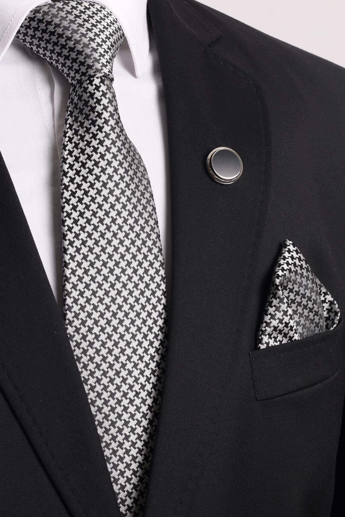 Esgue 7,5 см Черно-белый узорчатый галстук-носовой платок-брошь Подарочный набор ESG115KRM1047