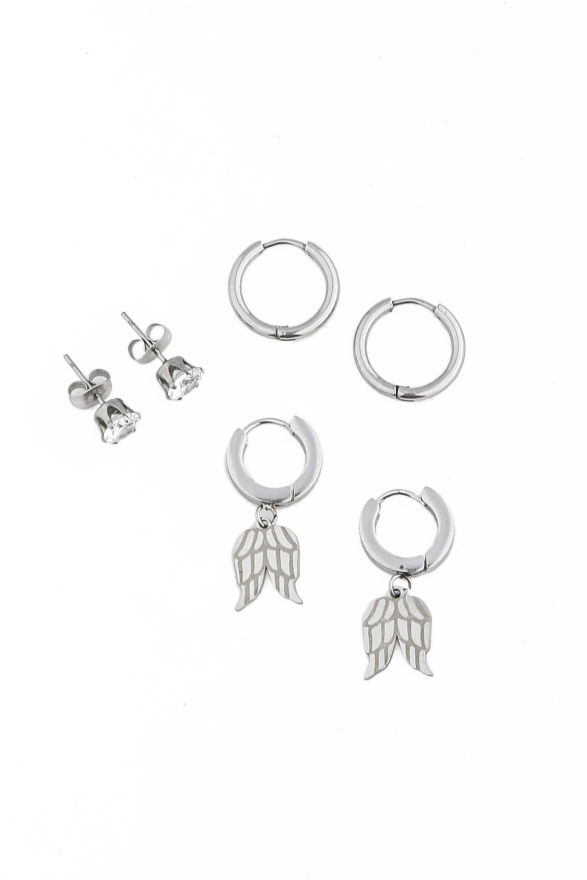 ALLİNA Melek Kanadı Pırlanta Taşlı 6'lı Set Kararmaz Çelik Küpe Gümüş