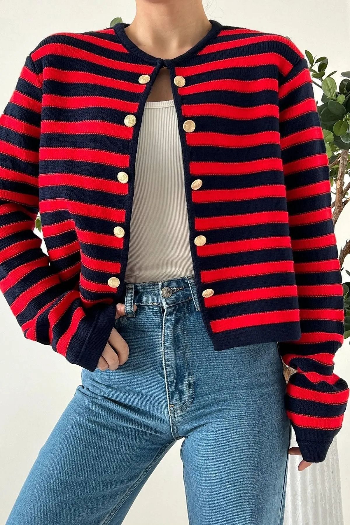 Red and black striped on sale cardigan