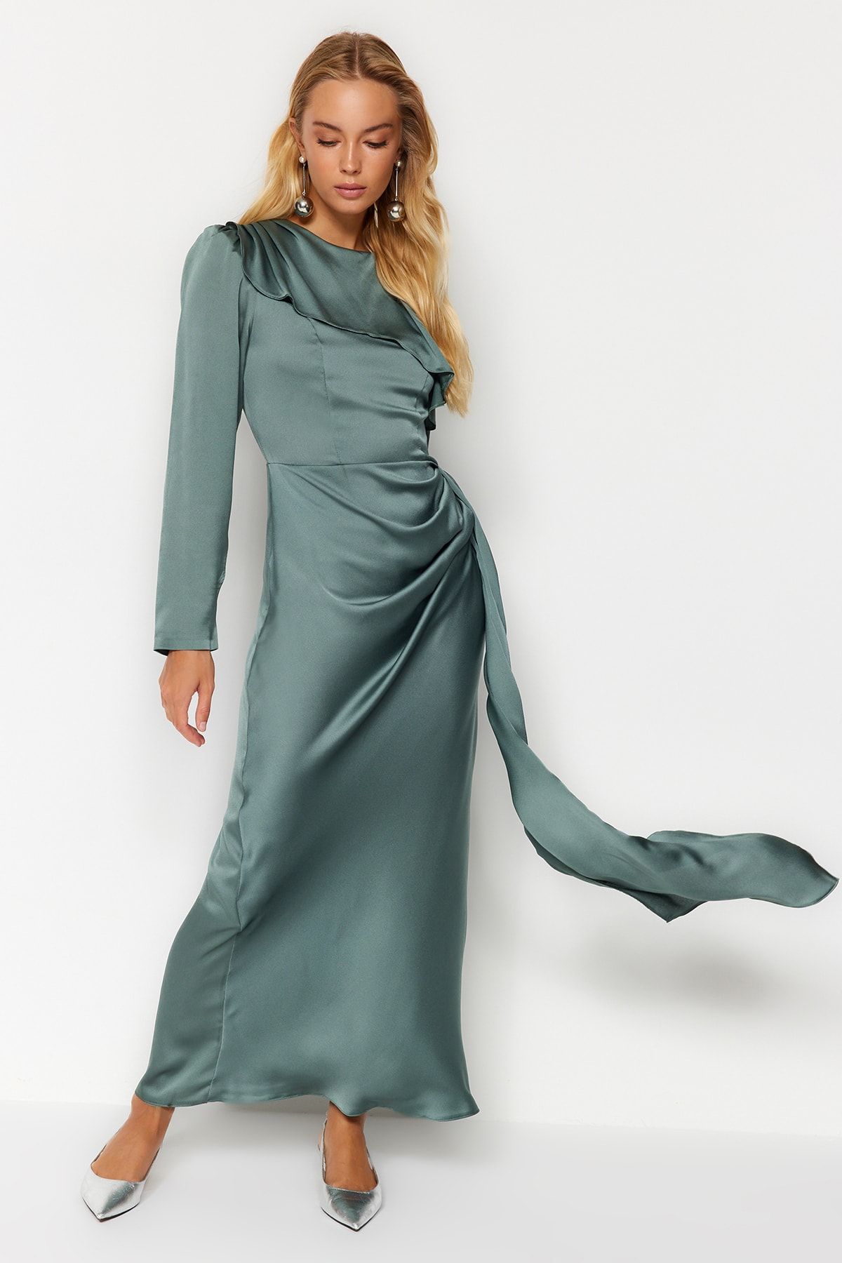 Trendyol Modest Detail mátového šátku Saténové večerní šaty Tctaw24Db00004